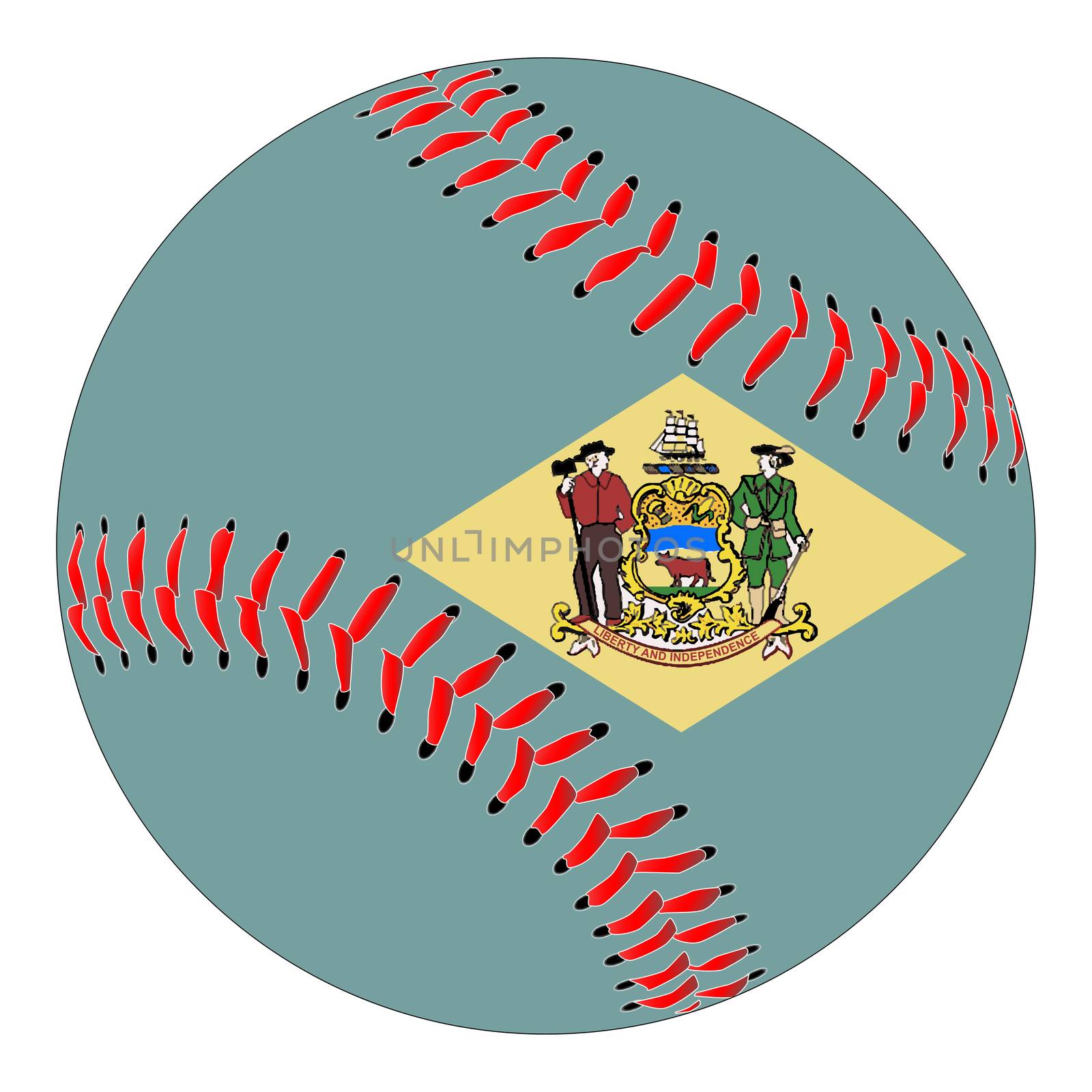 A new white baseball with red stitching with the Delaware state flag overlay isolated on white