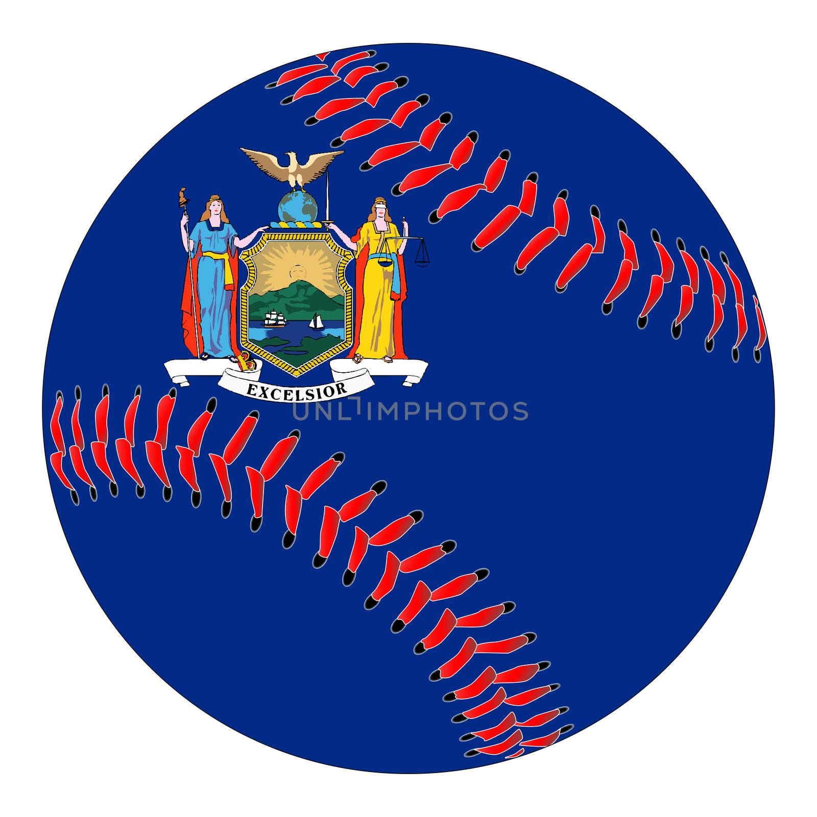 A new white baseball with red stitching with the New York state flag overlay isolated on white