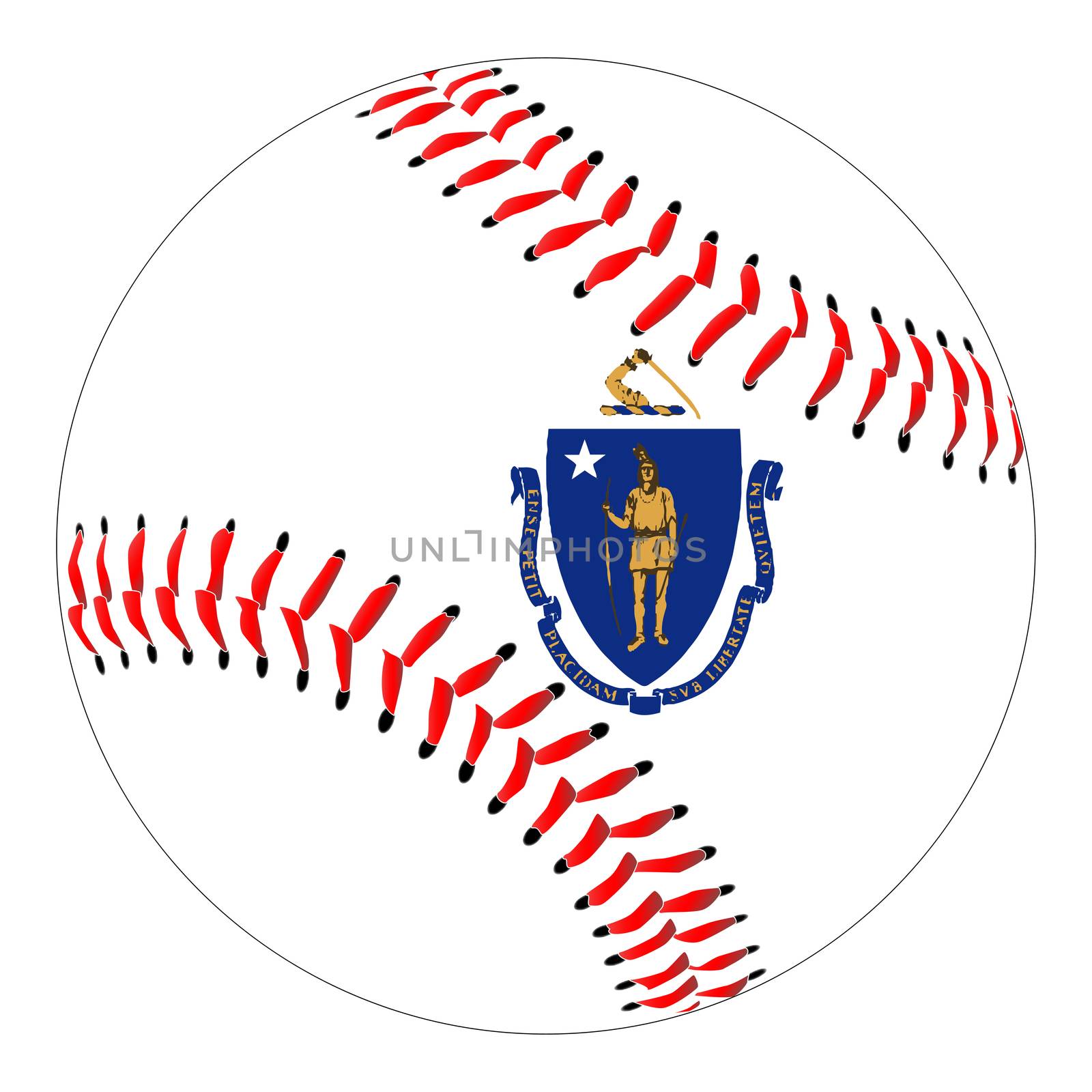 A new white baseball with red stitching with the Massachusetts state flag overlay isolated on white