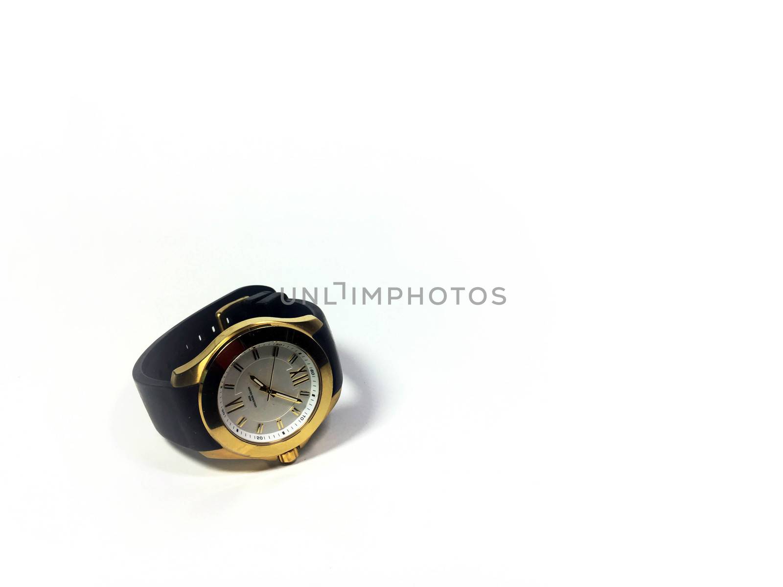 the watch clock Roman numerals, gold housings, black straps isolated on white