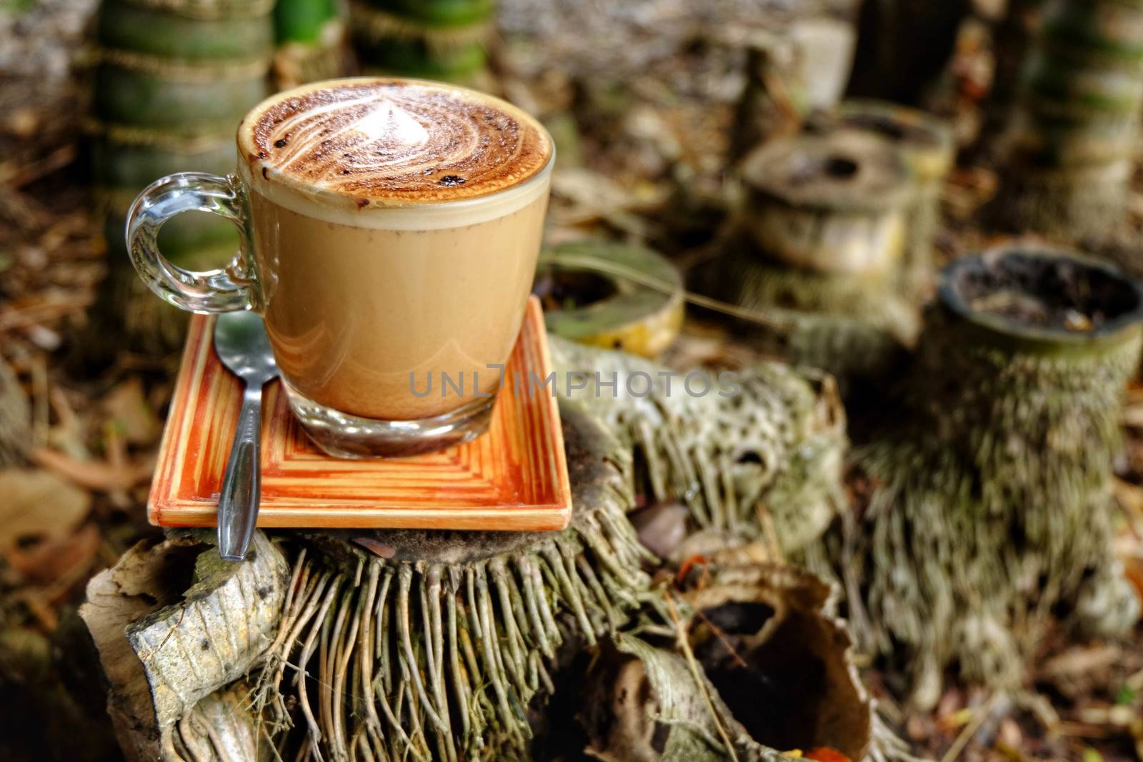 Mocha coffee mug. Mocha coffee cup put on Bamboo stump. by e22xua