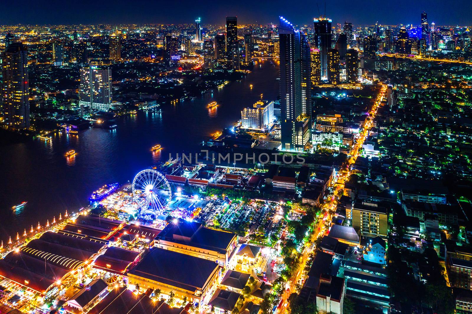 Bangkok cityscape at night in Thailand.