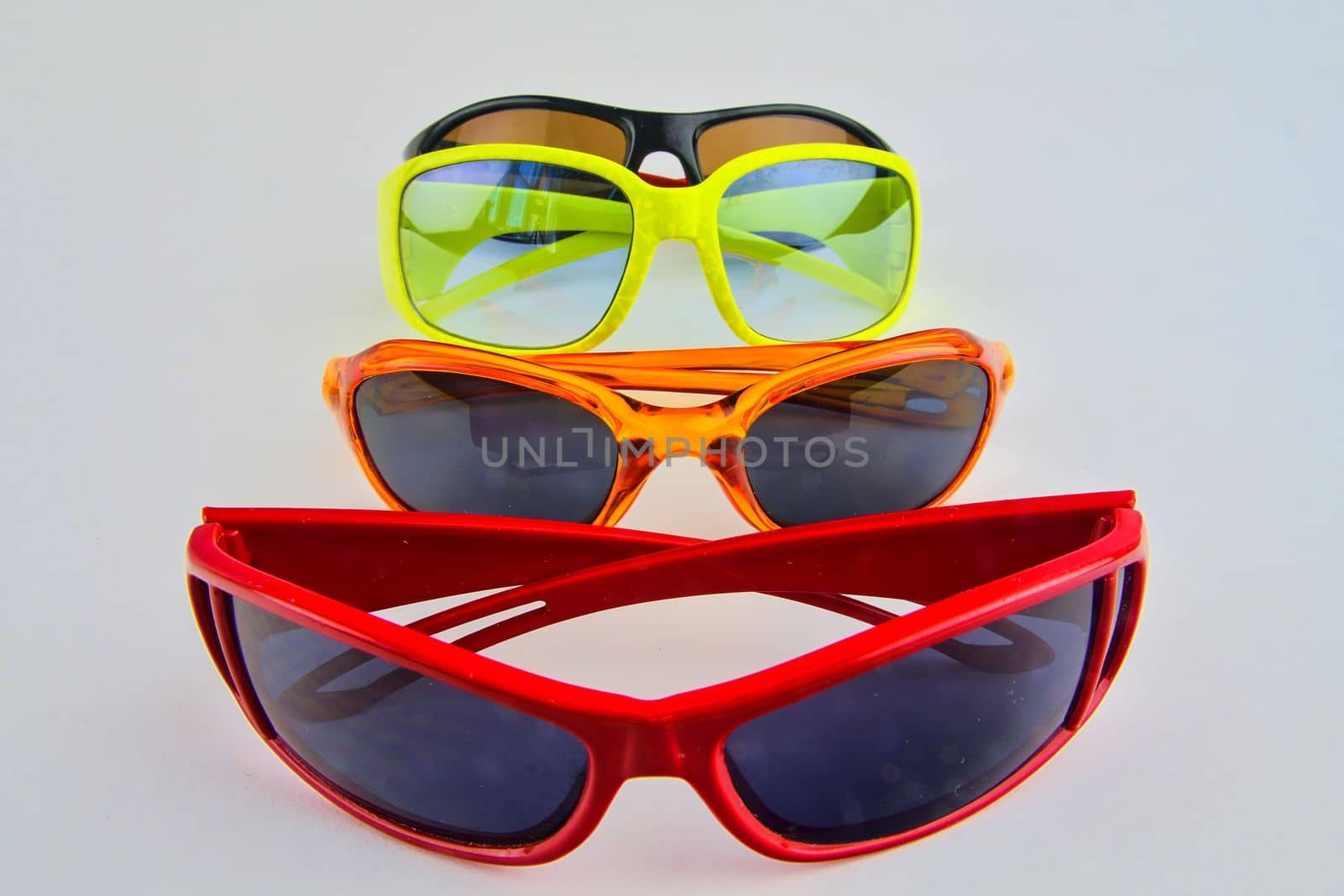 Set of various glasses. Stylish sunglasses for women and children. Eye glasses collection on white background.