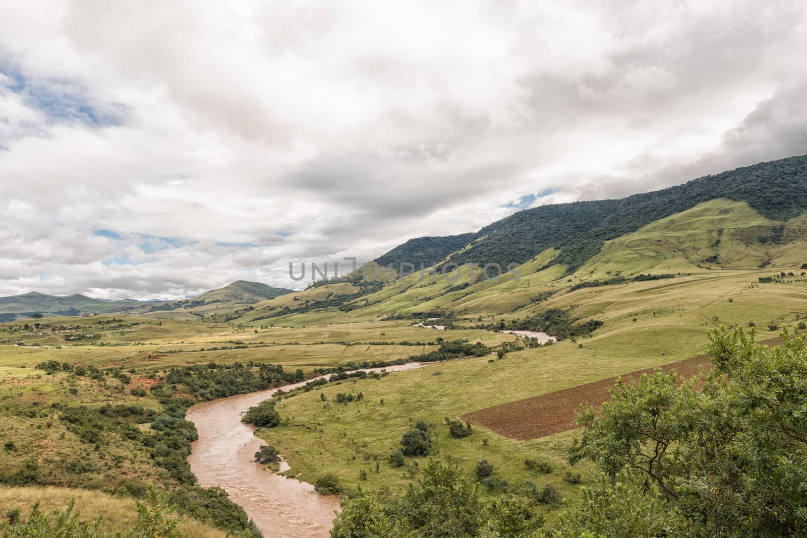A mountain landscape with the Mkomazi River between Boston and Bulwer in the Kwazulu-Natal Province of South Africa
