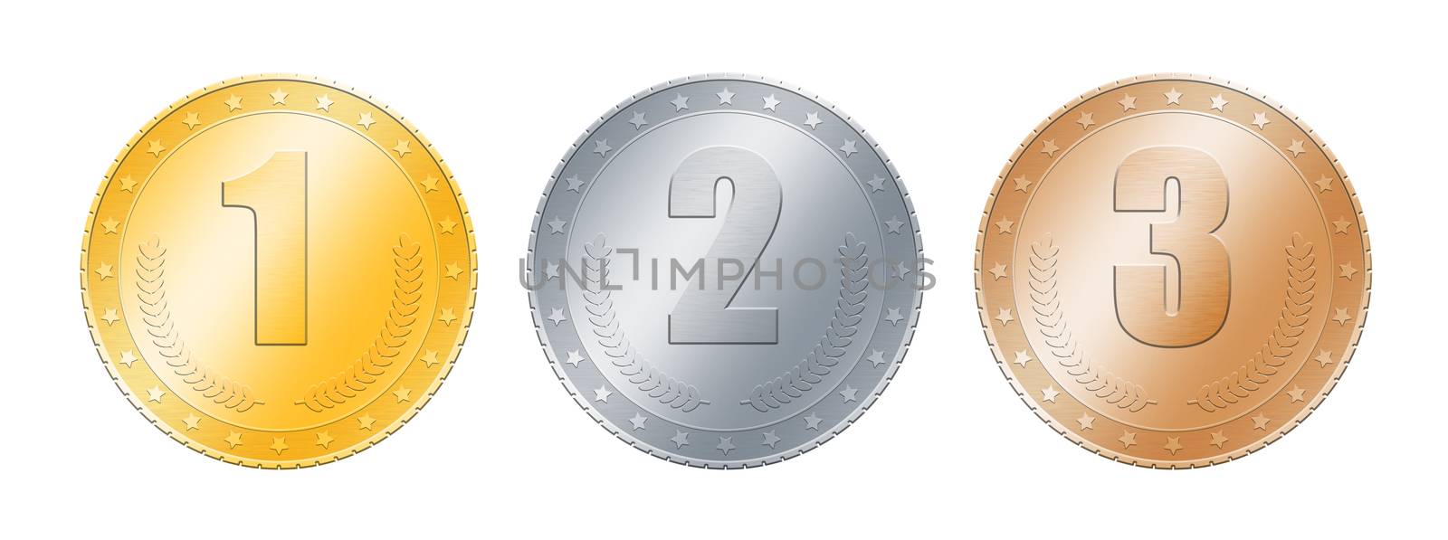 Gold, silver, bronze coins or medals over white by BreakingTheWalls