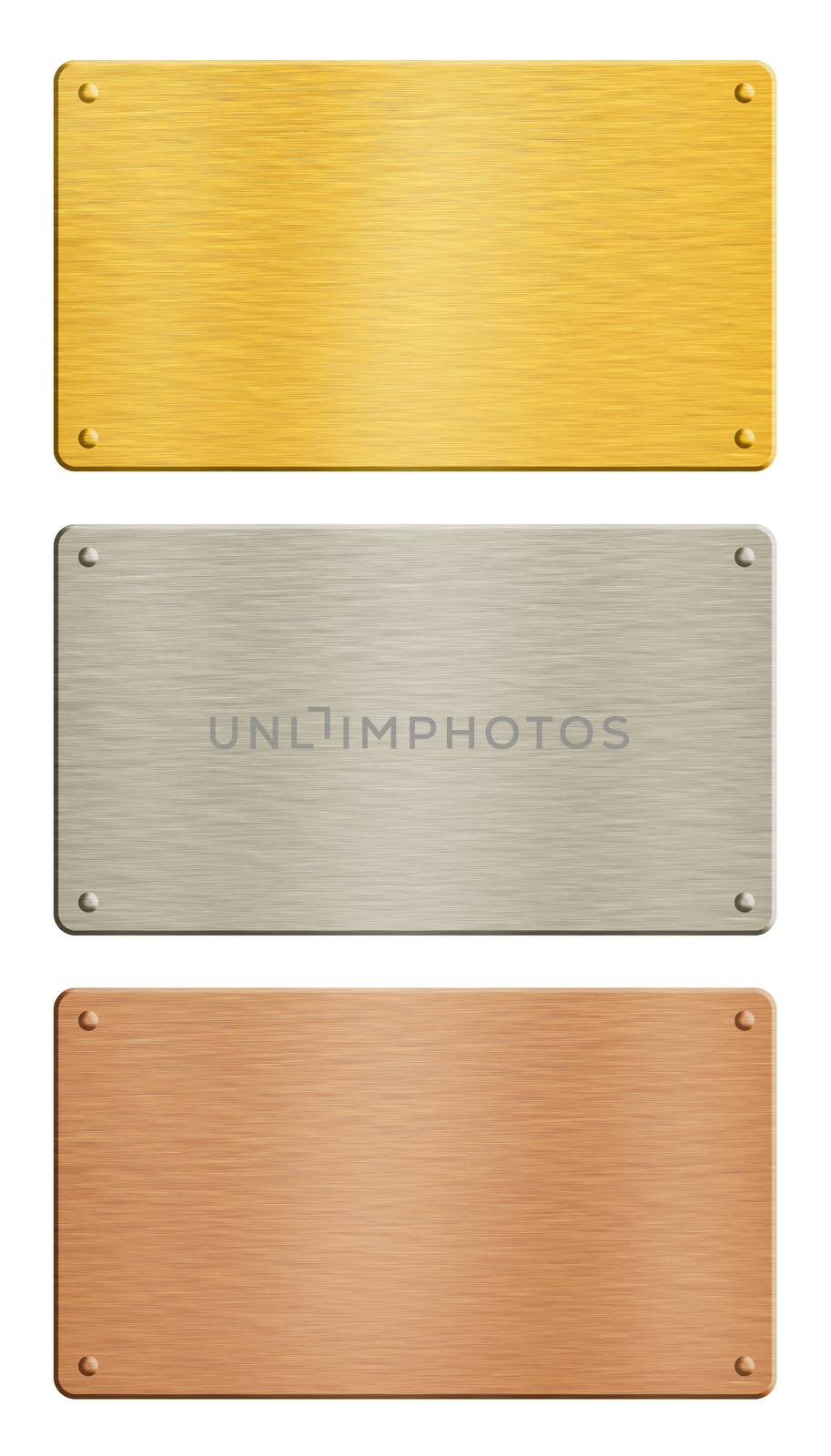 Gold, silver, copper metal plates over white by BreakingTheWalls