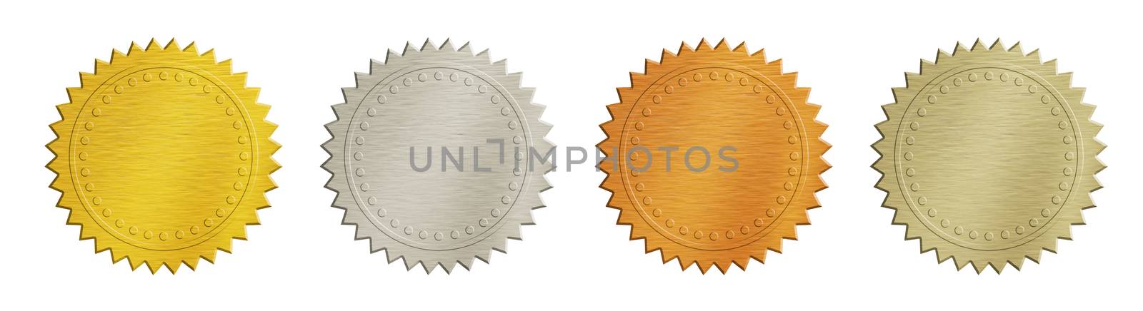 Close up brushed metal achievement and award badges (golden, silver, copper and bronze) isolated on white background