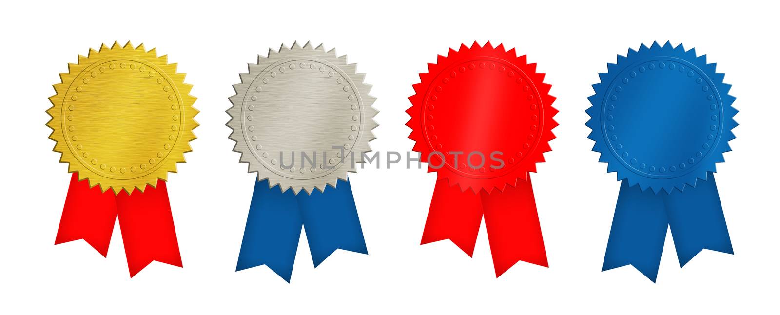 Set of four seal stamps, achievement and award badges (brushed metal gold, silver, blue and red) with double ribbons isolated on white background