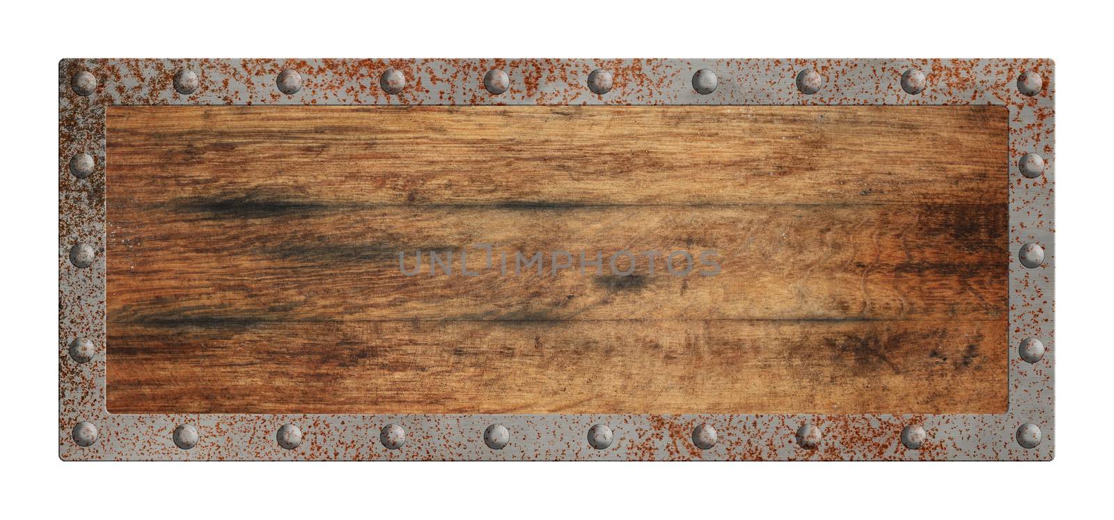 Old blank wooden sign with metal border isolated by BreakingTheWalls