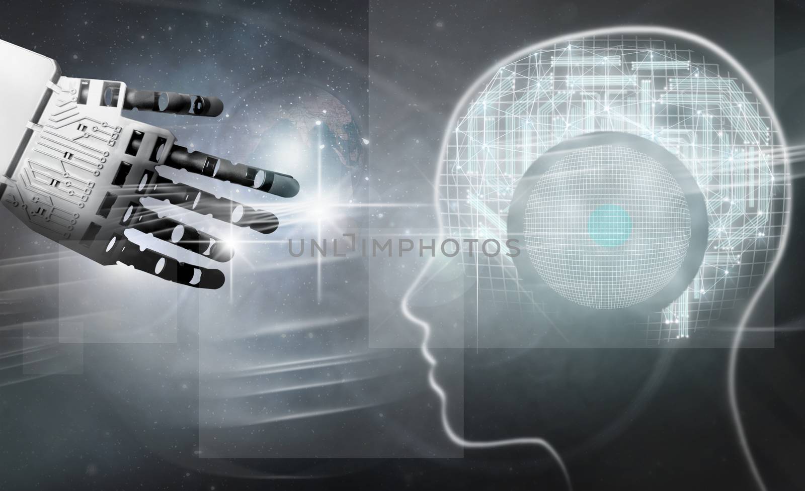 Robot hand reaching towards brain made of circuits