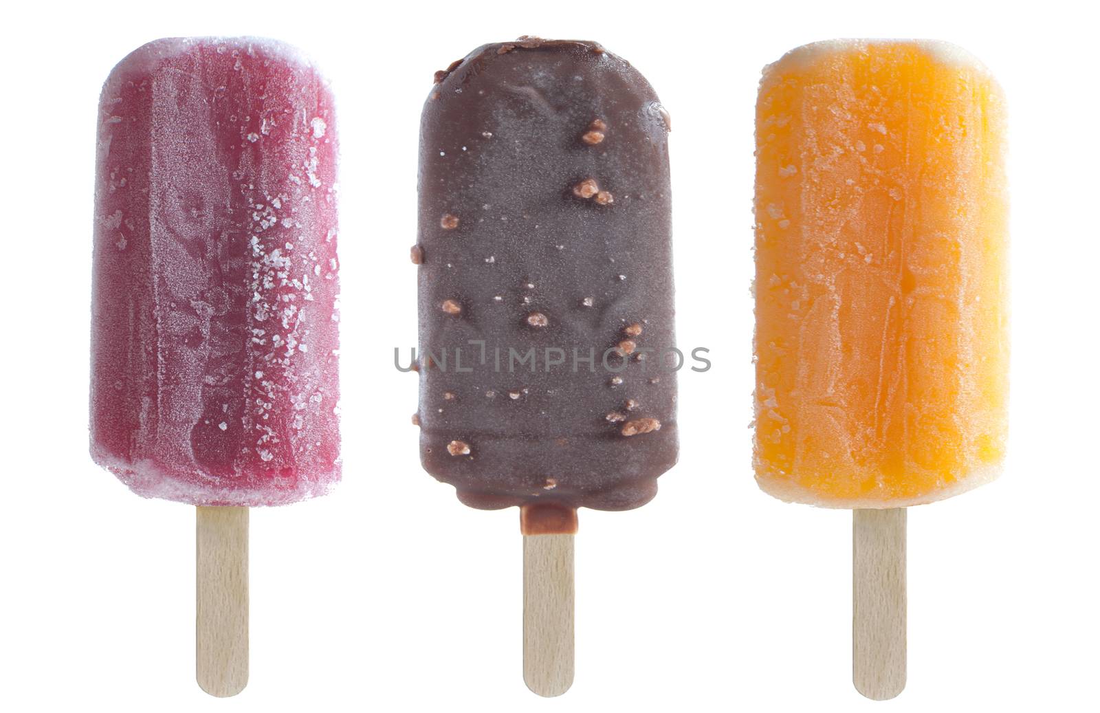 Set of ice popsicles including orange, chocolate and raspberry flavors