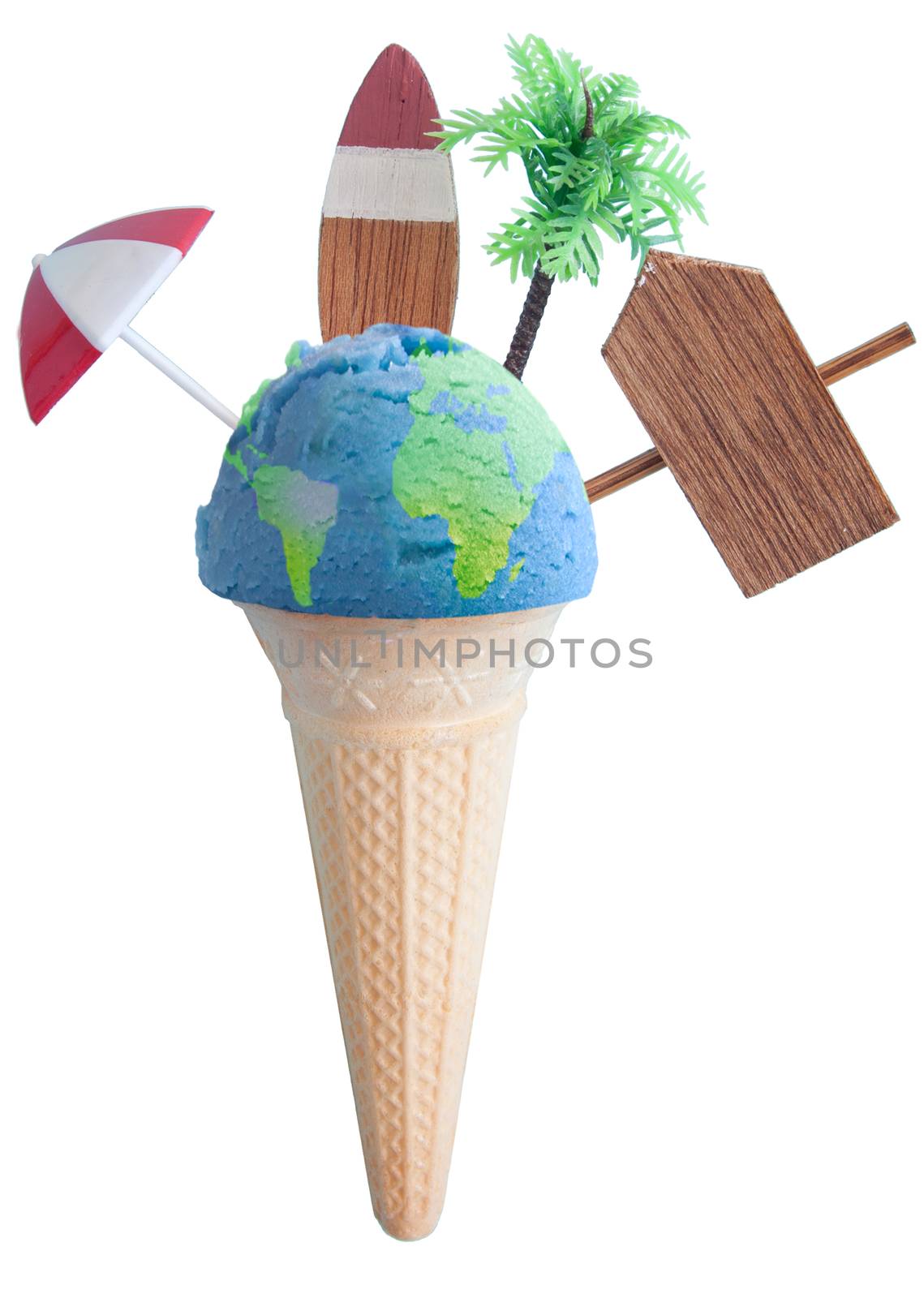 Ice cream cone with atlas map and vacation items including vacation painted on beach post, parasol and palm tree