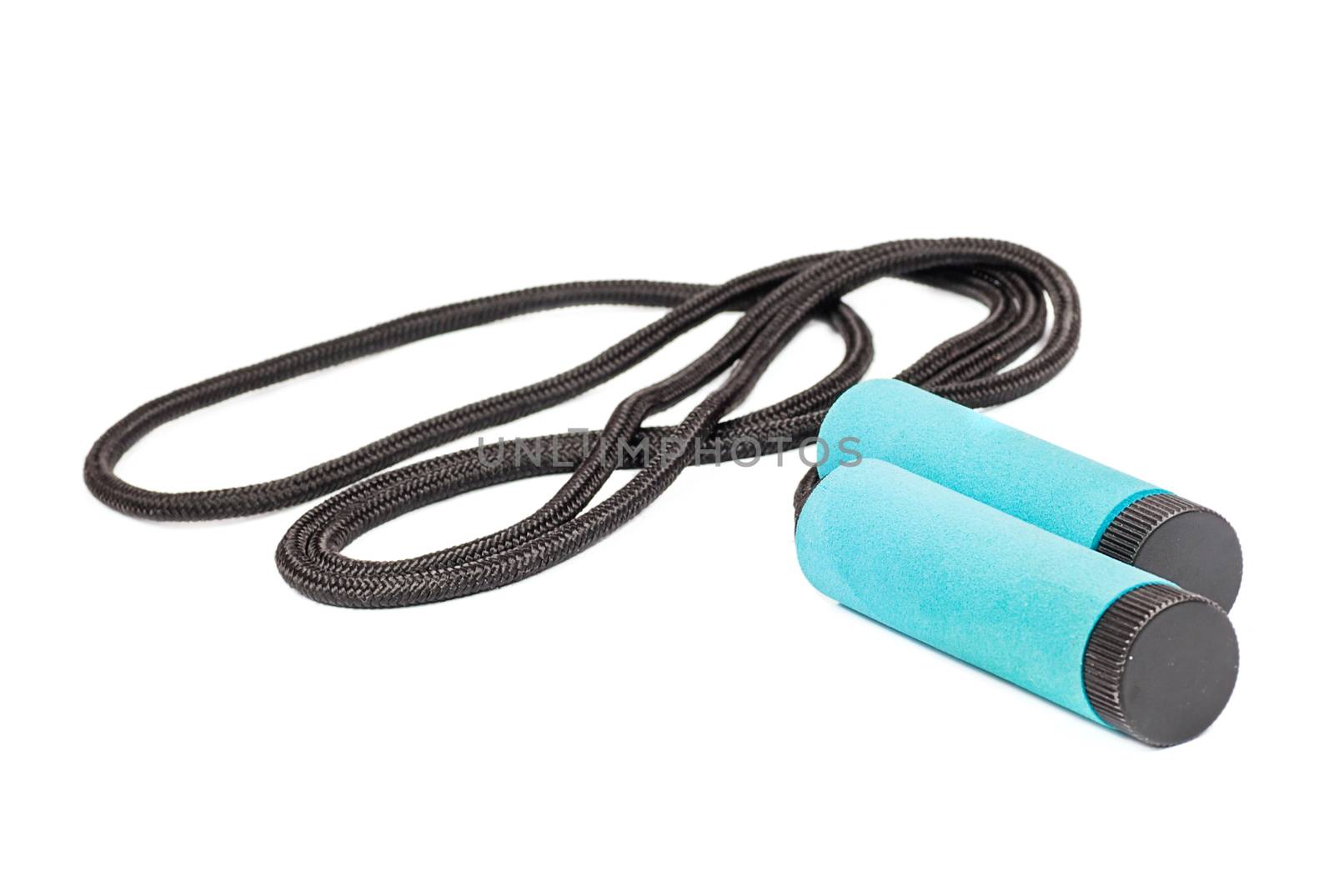 Black Skipping rope with blue handles isolated on white