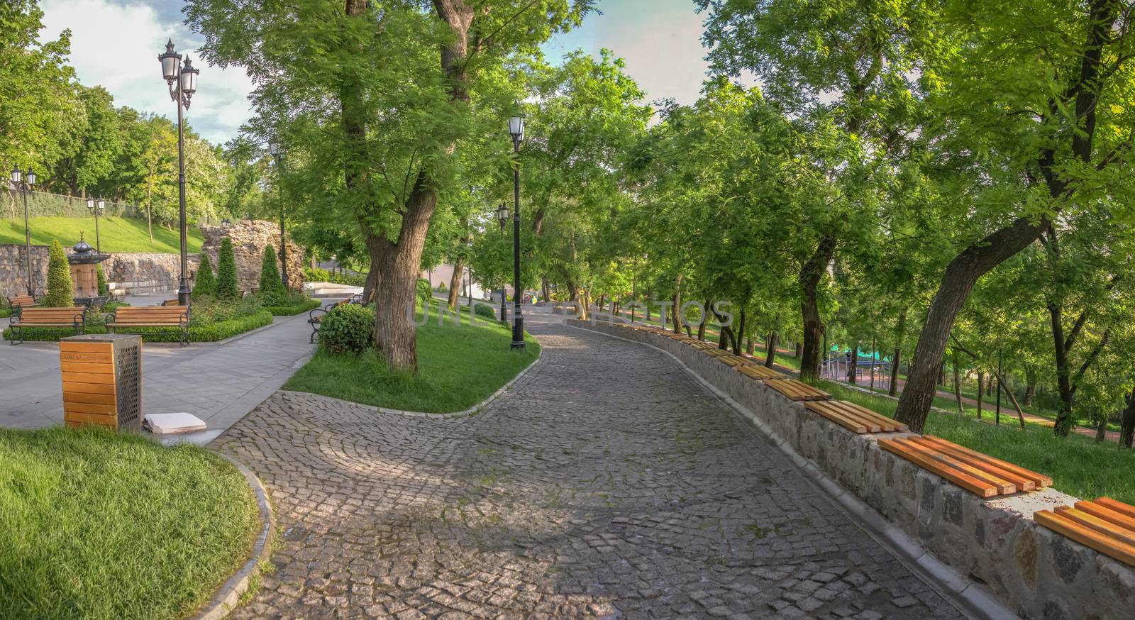 Panoramic view in the Istanbul park in Odessa, Ukraine on a sunny spring morning