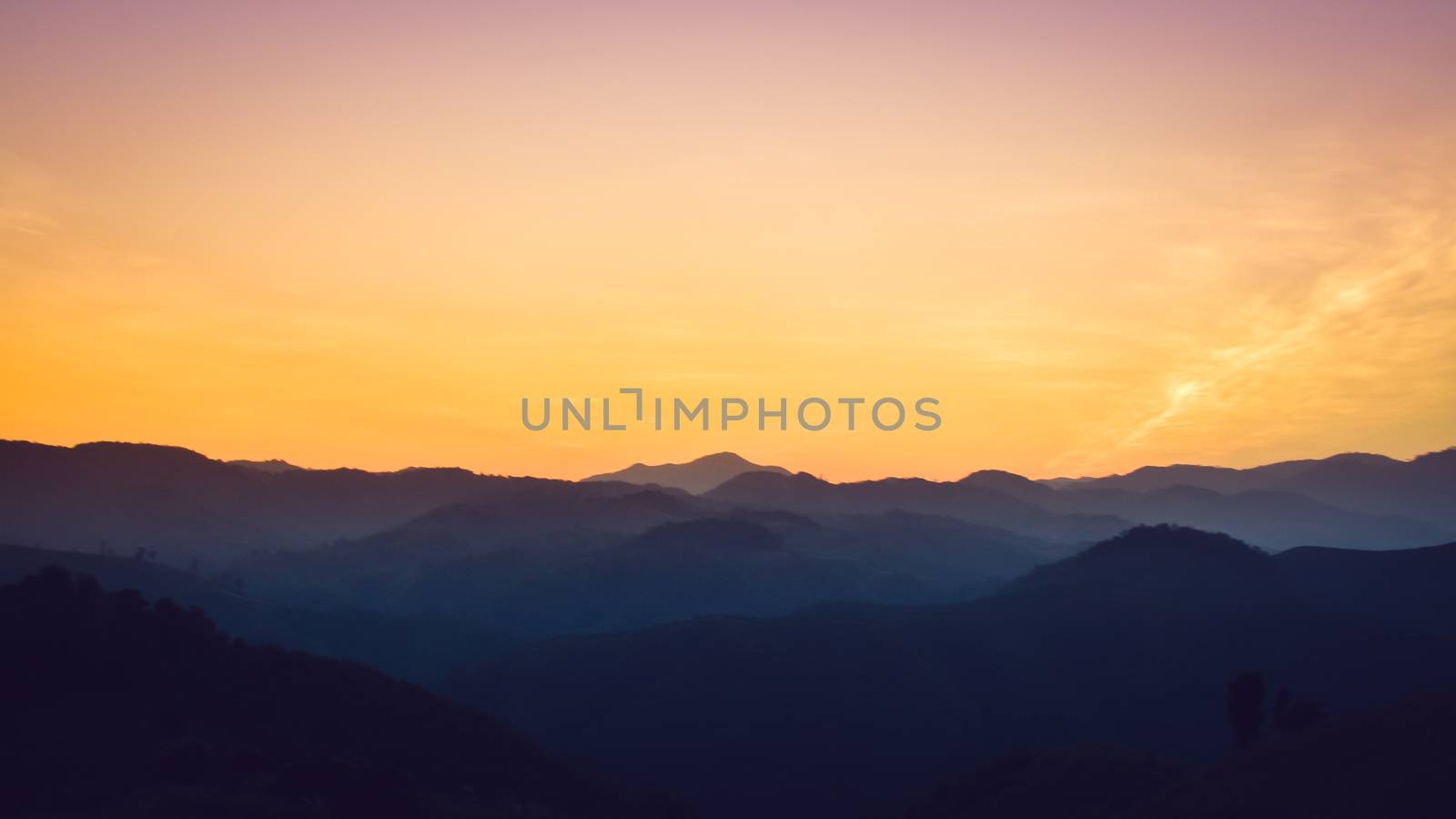 Landscape of forest mountains among mist on sunset