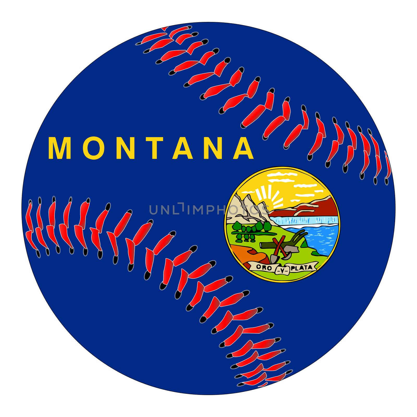 A new white baseball with red stitching with the Montana state flag overlay isolated on white