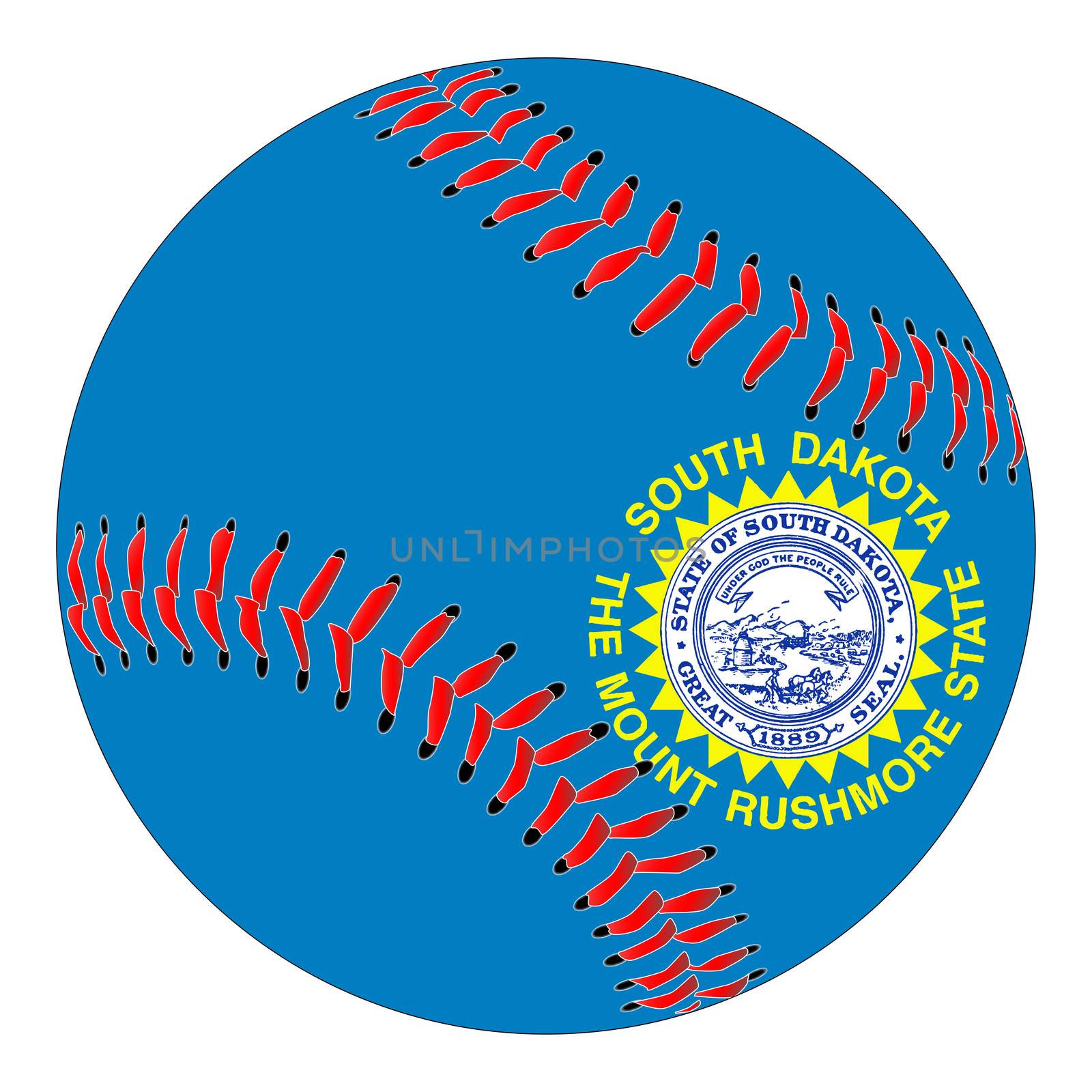 A new white baseball with red stitching with the South Dakota state flag overlay isolated on white