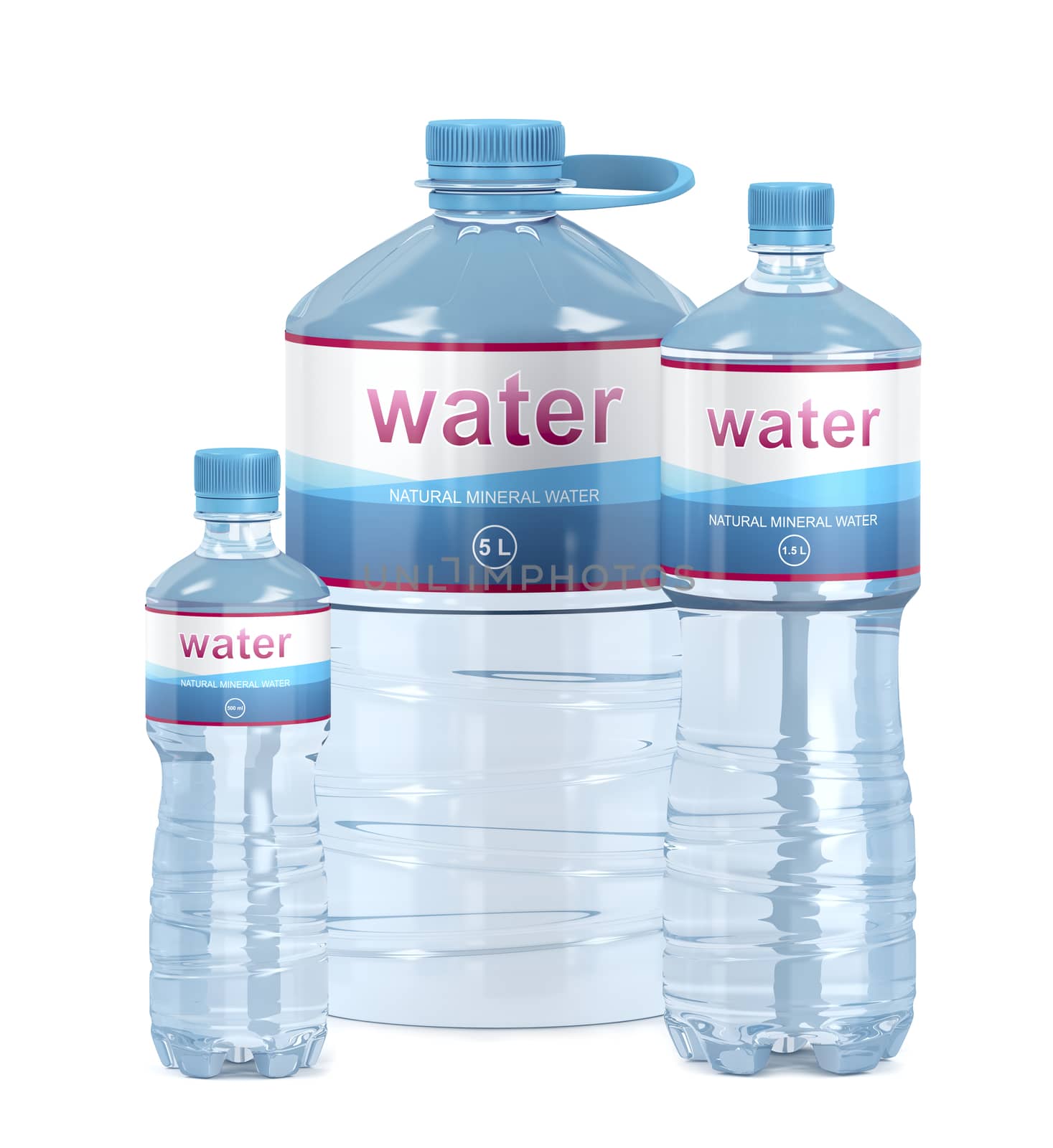 Different water bottles on white background by magraphics