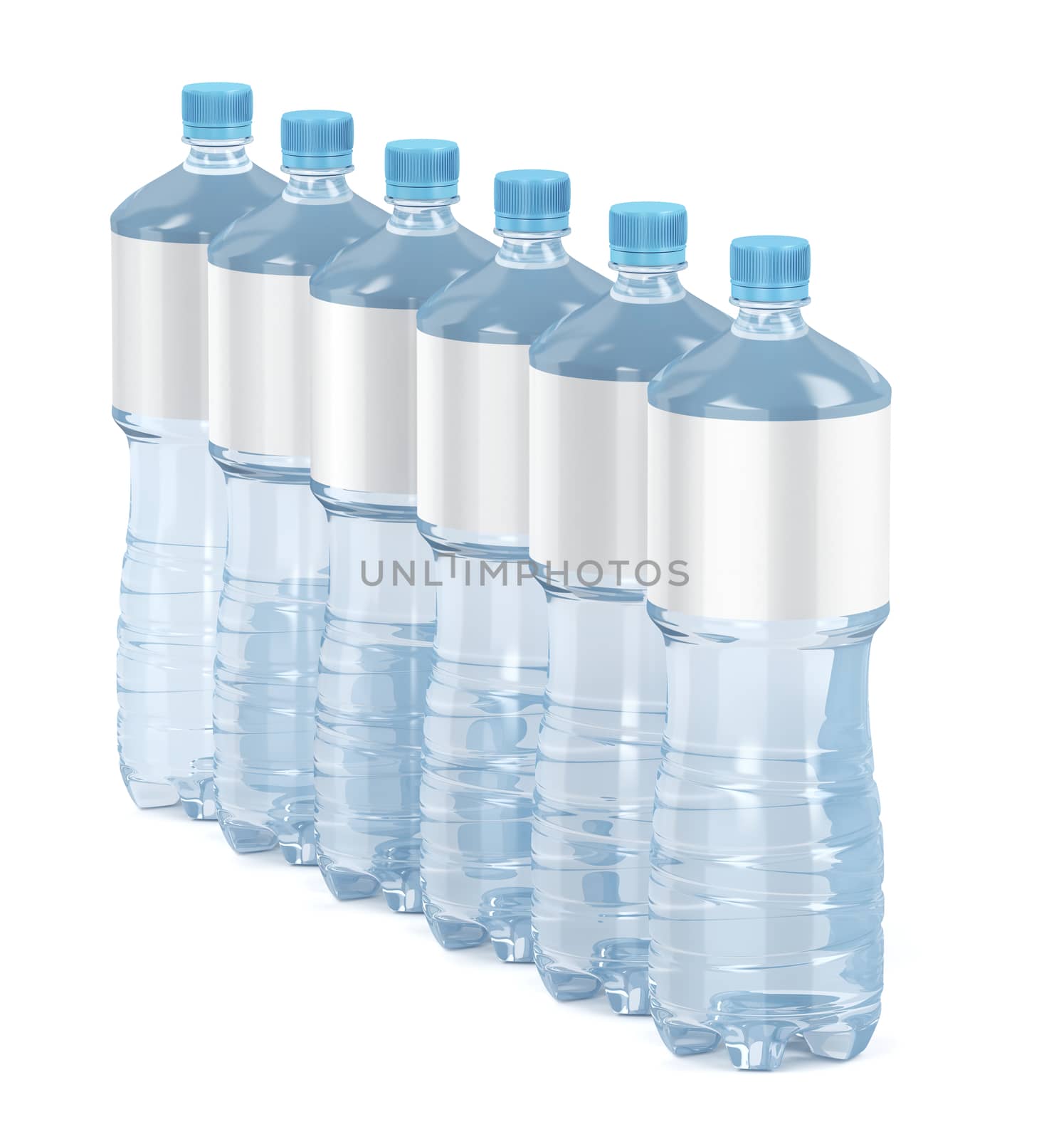Six water bottles with blank labels by magraphics