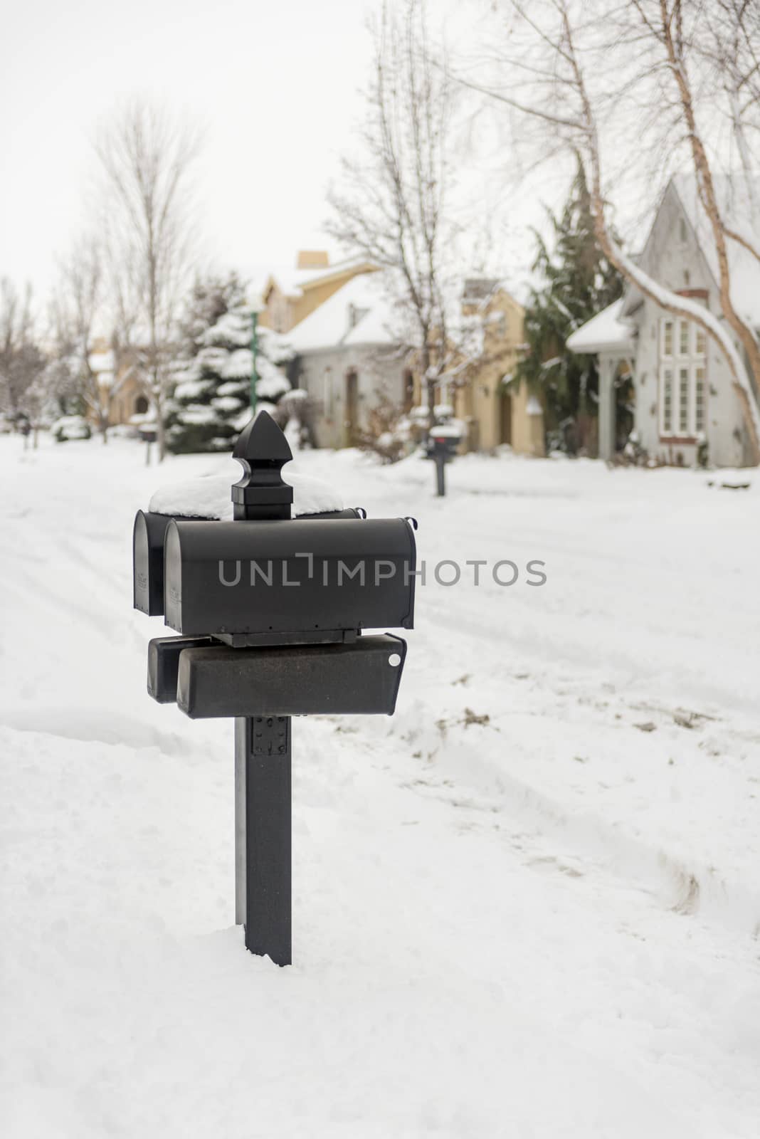Black mailboxes on a snow-covered street