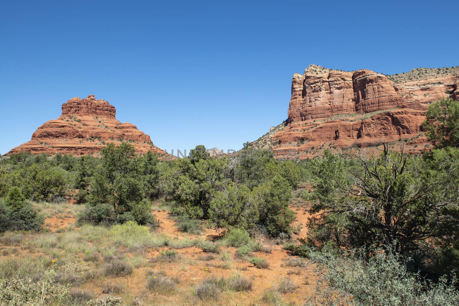 View of Bell Rock and Courthouse Butte from Red Rock Scenic Byway in Sedona, Arizona