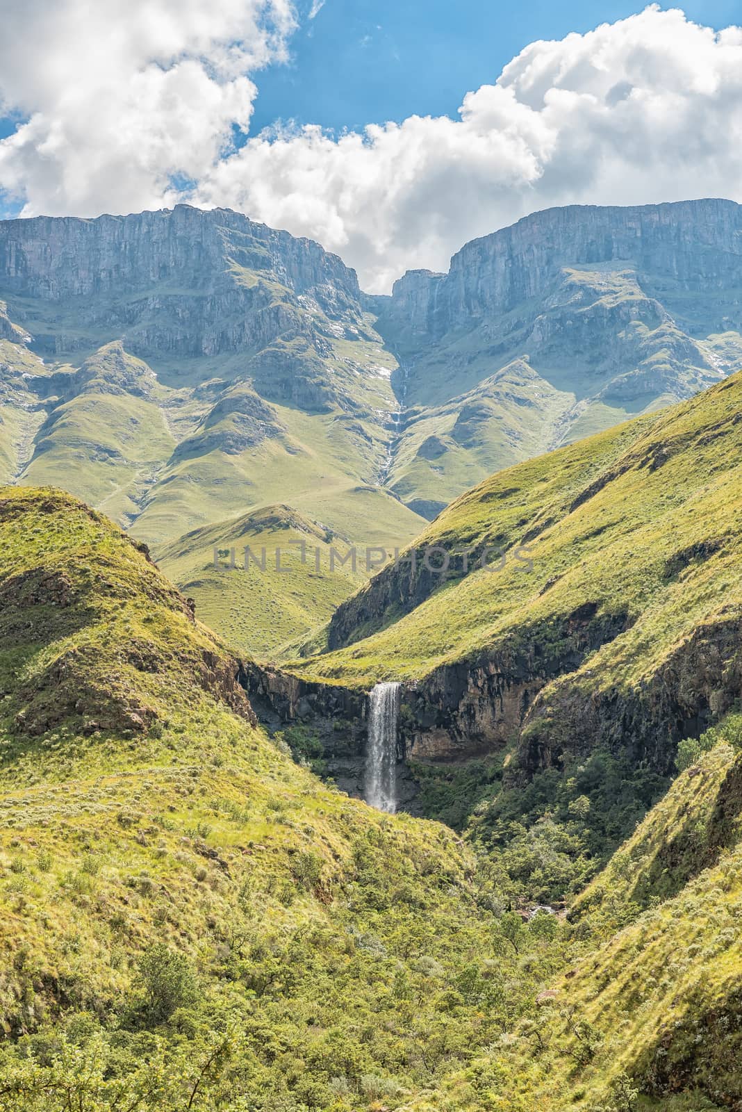An unnamed waterfall as seen from the Sani Pass near Himeville, in the Kwazulu-Natal Province of South Africa