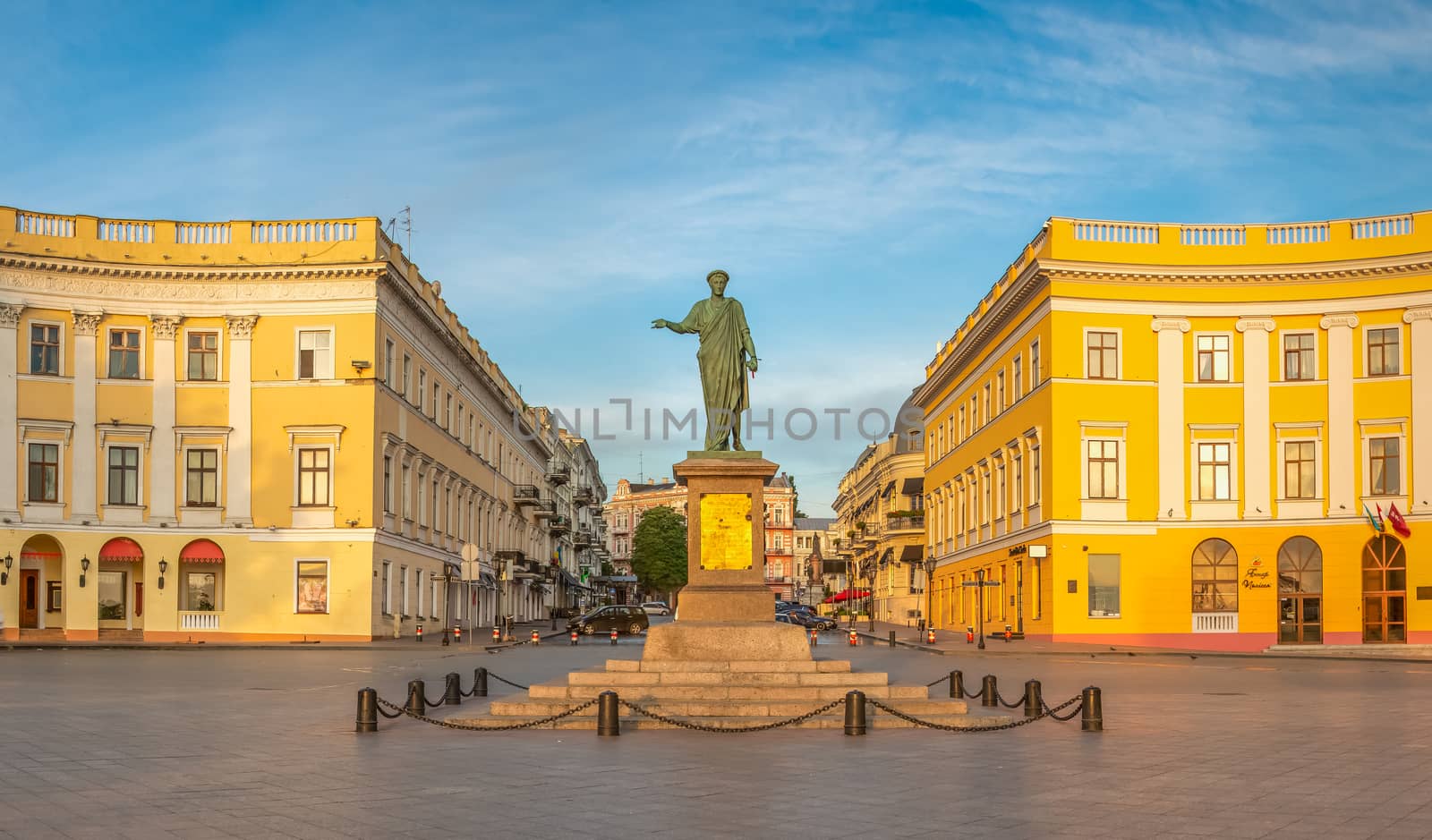 Giant staircase and Monument to Duc de Richelieu on Primorsky Boulevard in the city of Odessa, Ukraine. Panoramic view in a summer morning