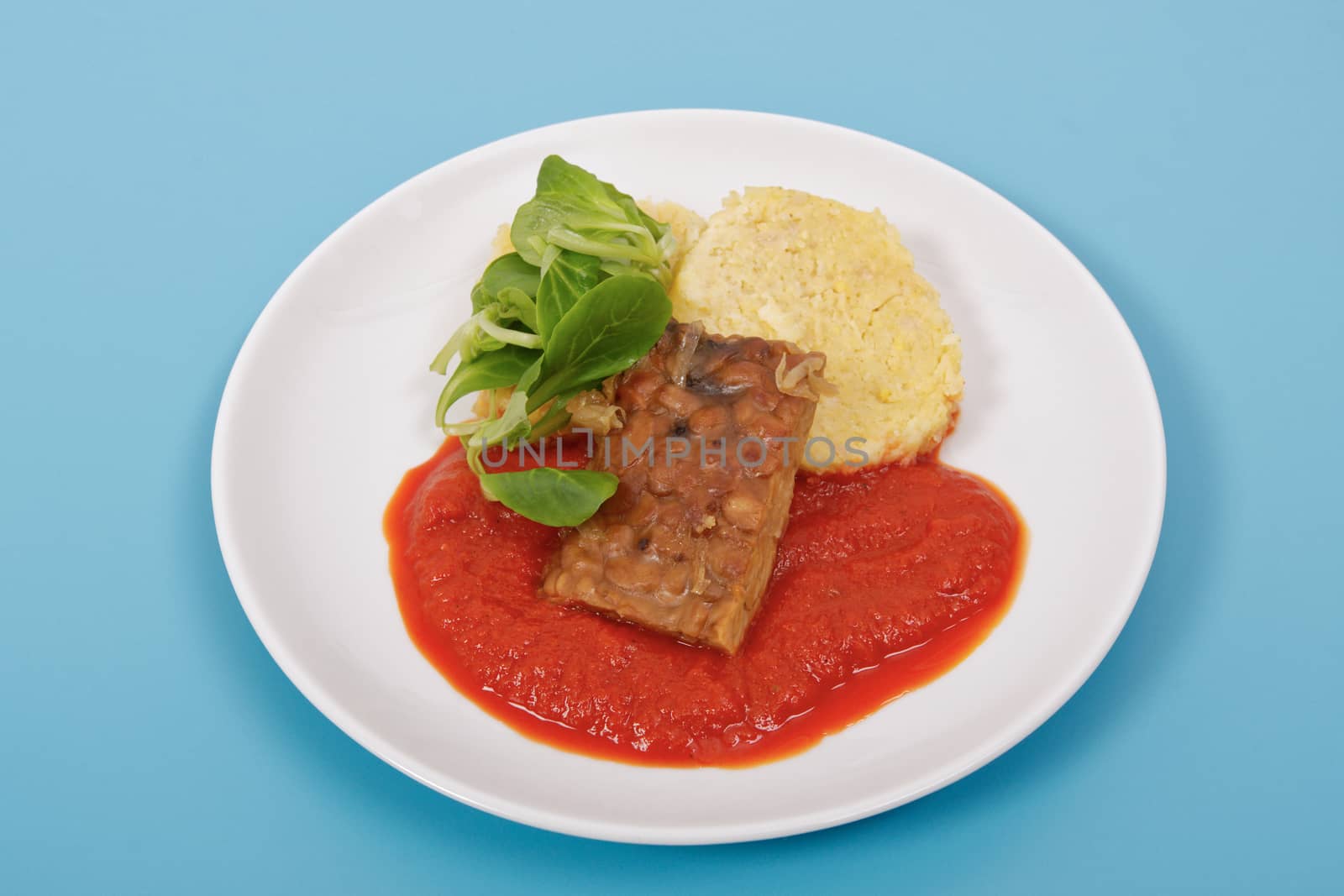Tempeh with tomato sauce and dumplings on a blue background