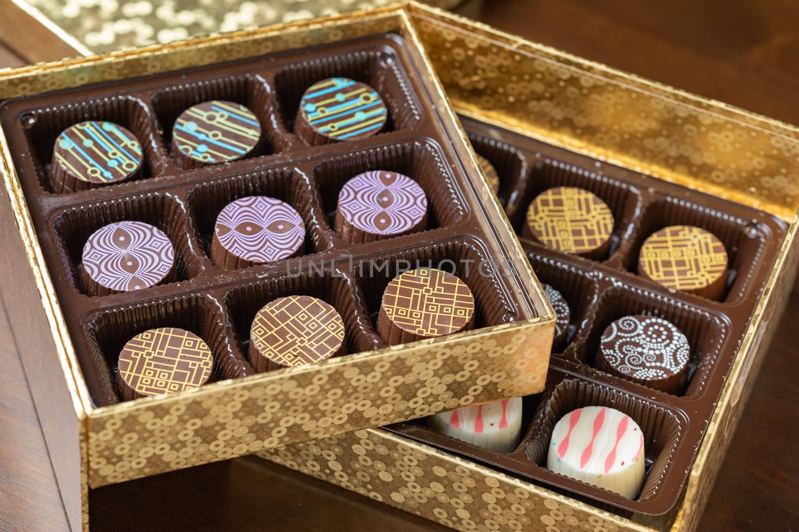 Decorative Box of Artisan Fine Chocolate Candy.