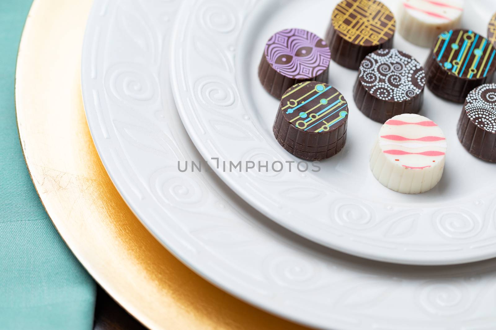 Artisan Fine Chocolate Candy On Serving Dish.