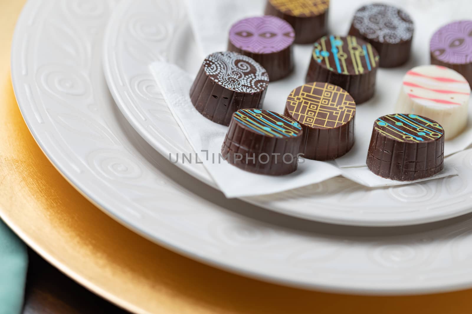 Artisan Fine Chocolate Candy On Serving Dish.