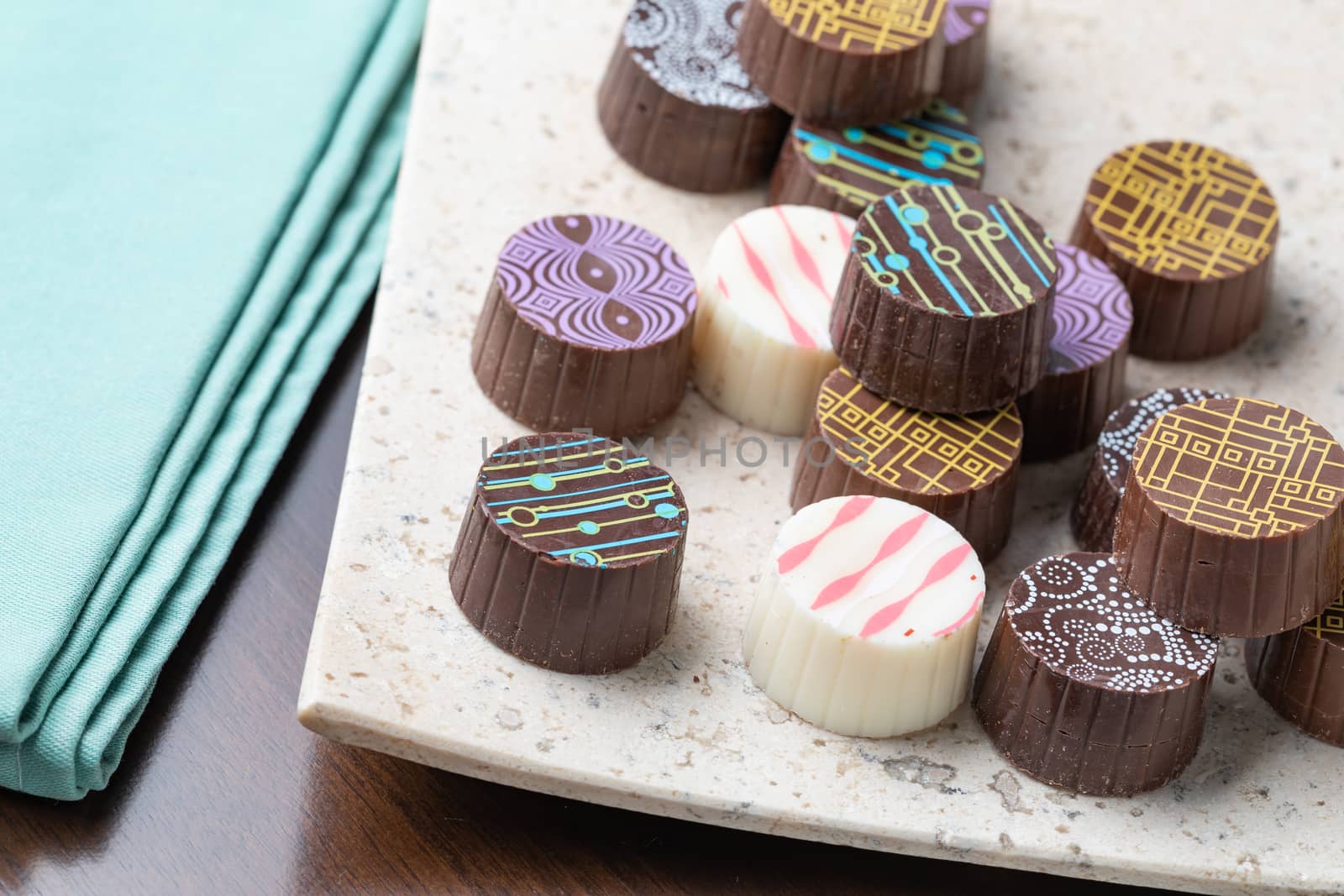 Artisan Fine Chocolate Candy On Serving Dish.