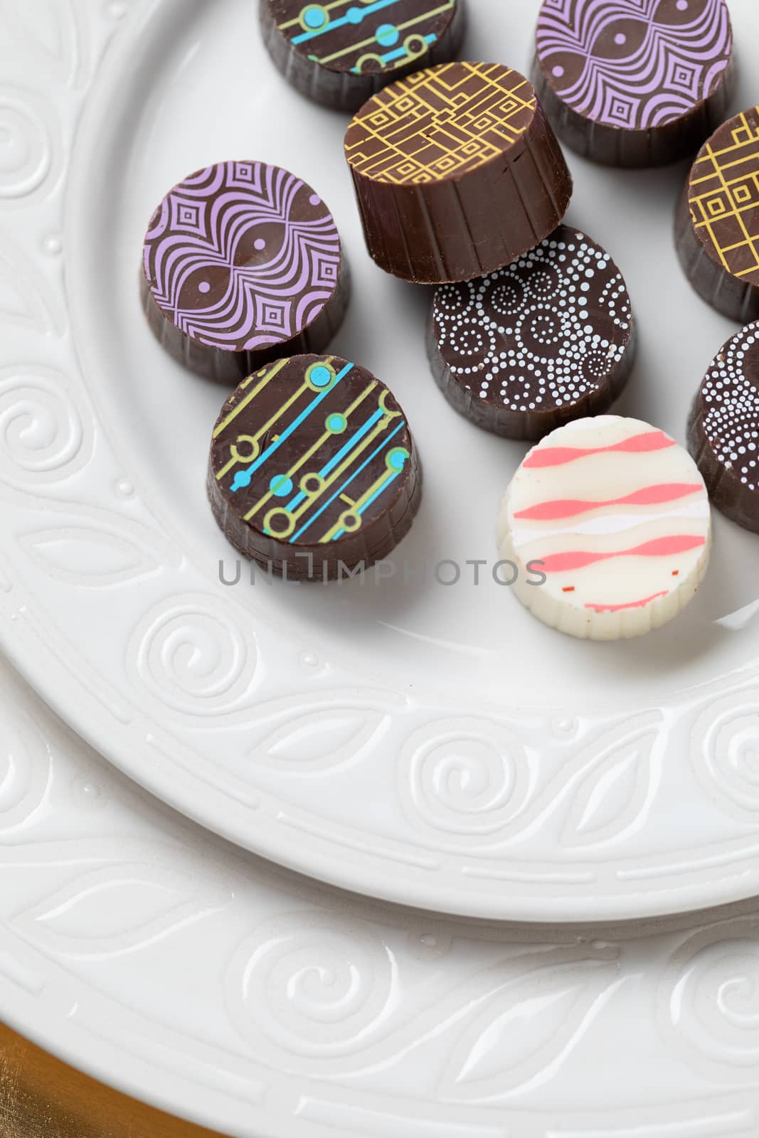 Artisan Fine Chocolate Candy On Serving Dish.