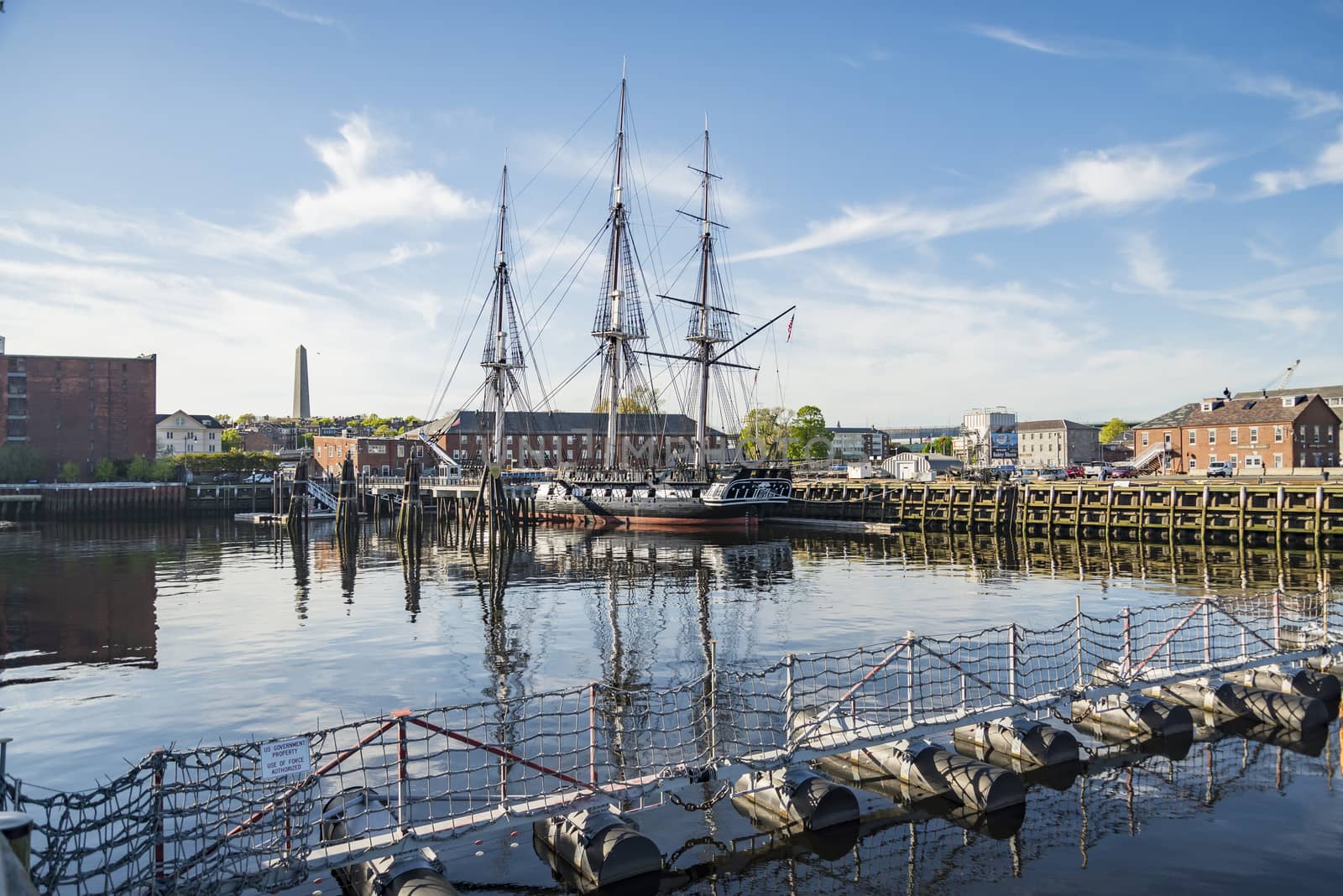 The historical USS Constitution boat anchored in the Boston harbor, MA.