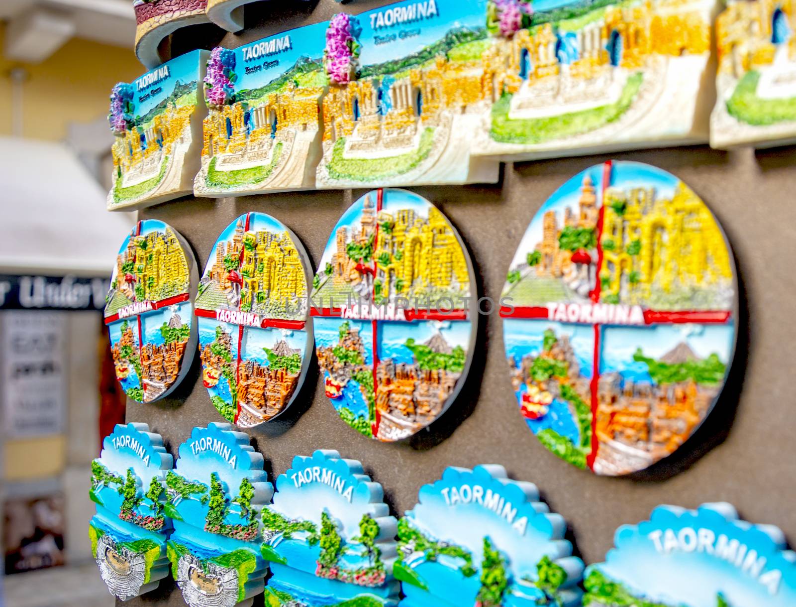 Magnetic travel souvenirs of Taormina in Sicily, Italy
