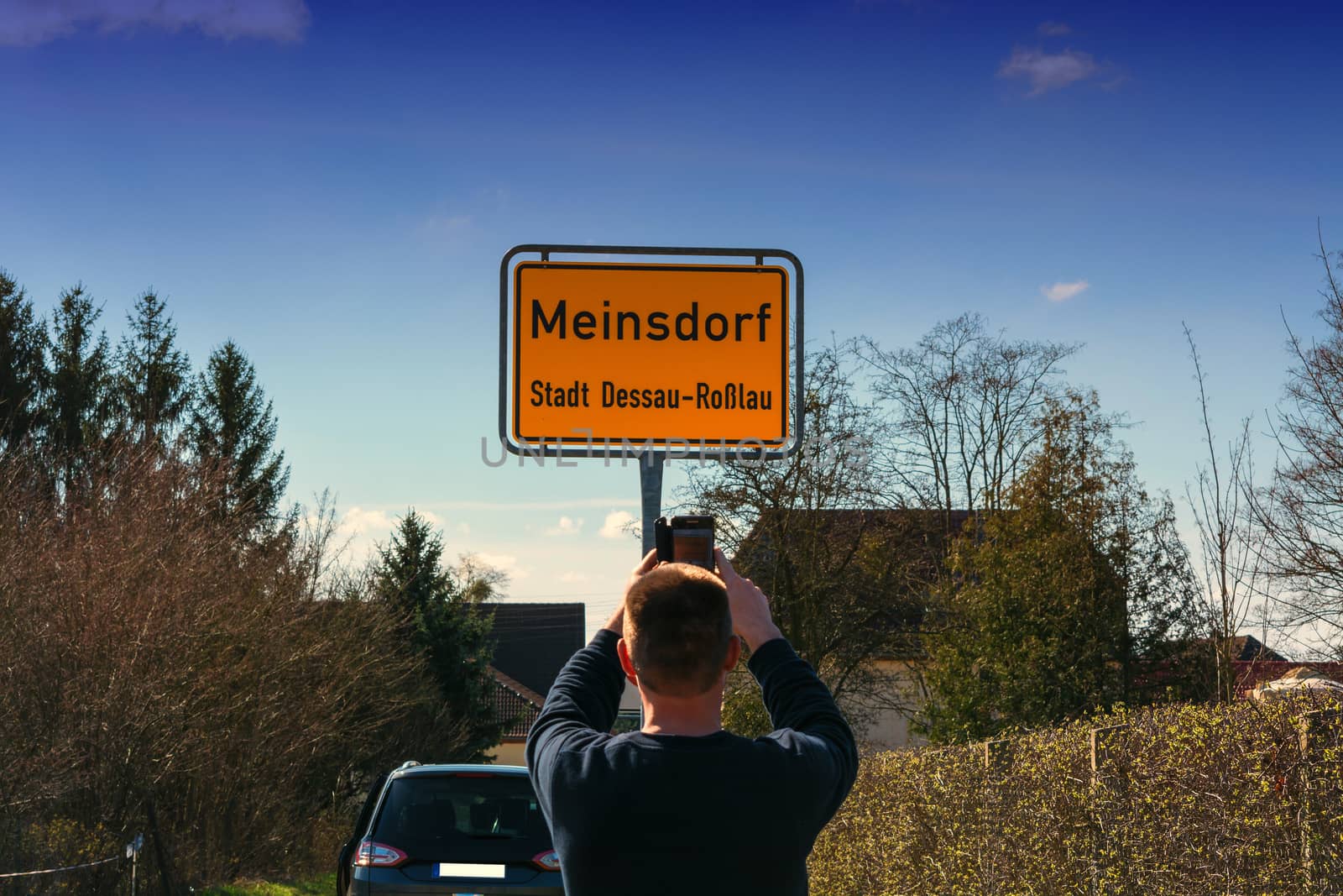 Town  Entrance sign of the village Meinsdorf, town Dessau Rosslau in Germany.