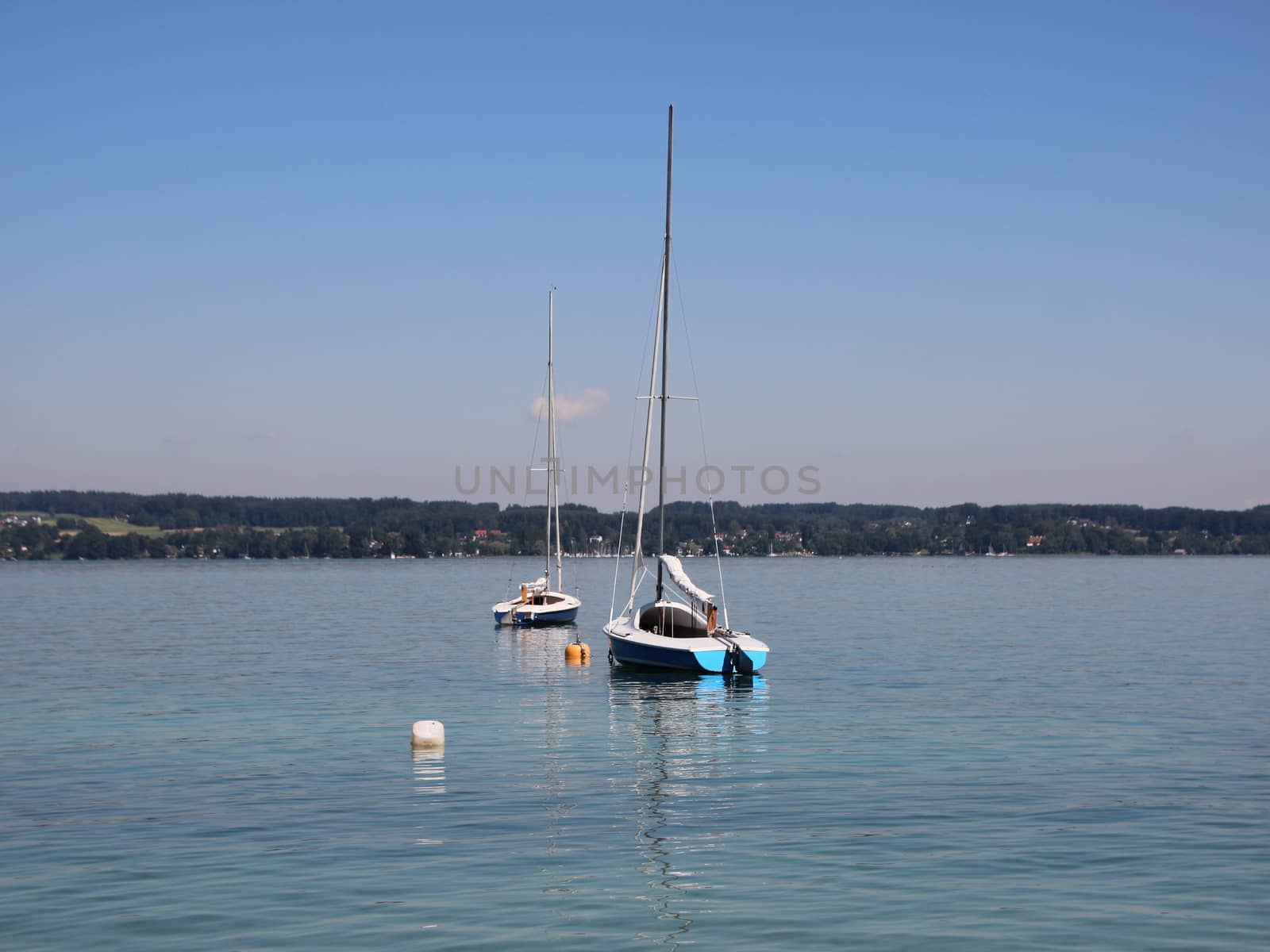 Sailing Boats on Blue Lake with Large Mountain Background in Summer