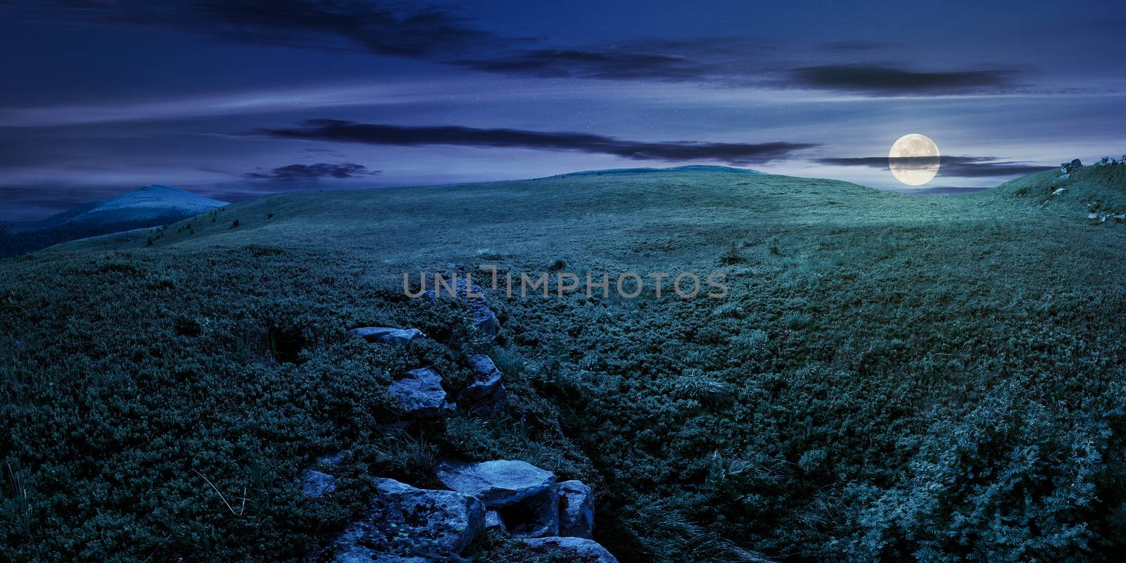 panorama of the hillside meadow at night in full moon light. lovely summer landscape with boulders among the grass. location Runa mountain, Ukraine