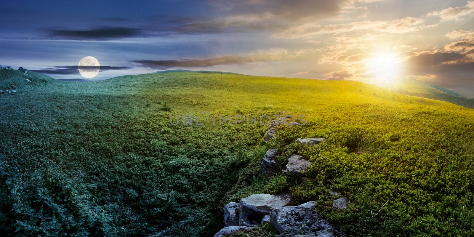 time change concept with sun and moon over panoramic landscape. lovely summer scenery with boulders among the grass. location Runa mountain, Ukraine