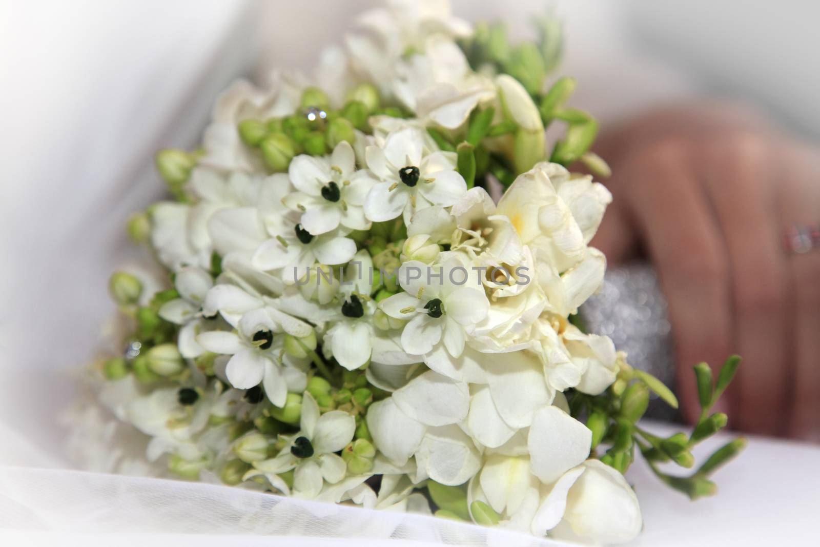 Hand of the bride with wedding bouquet