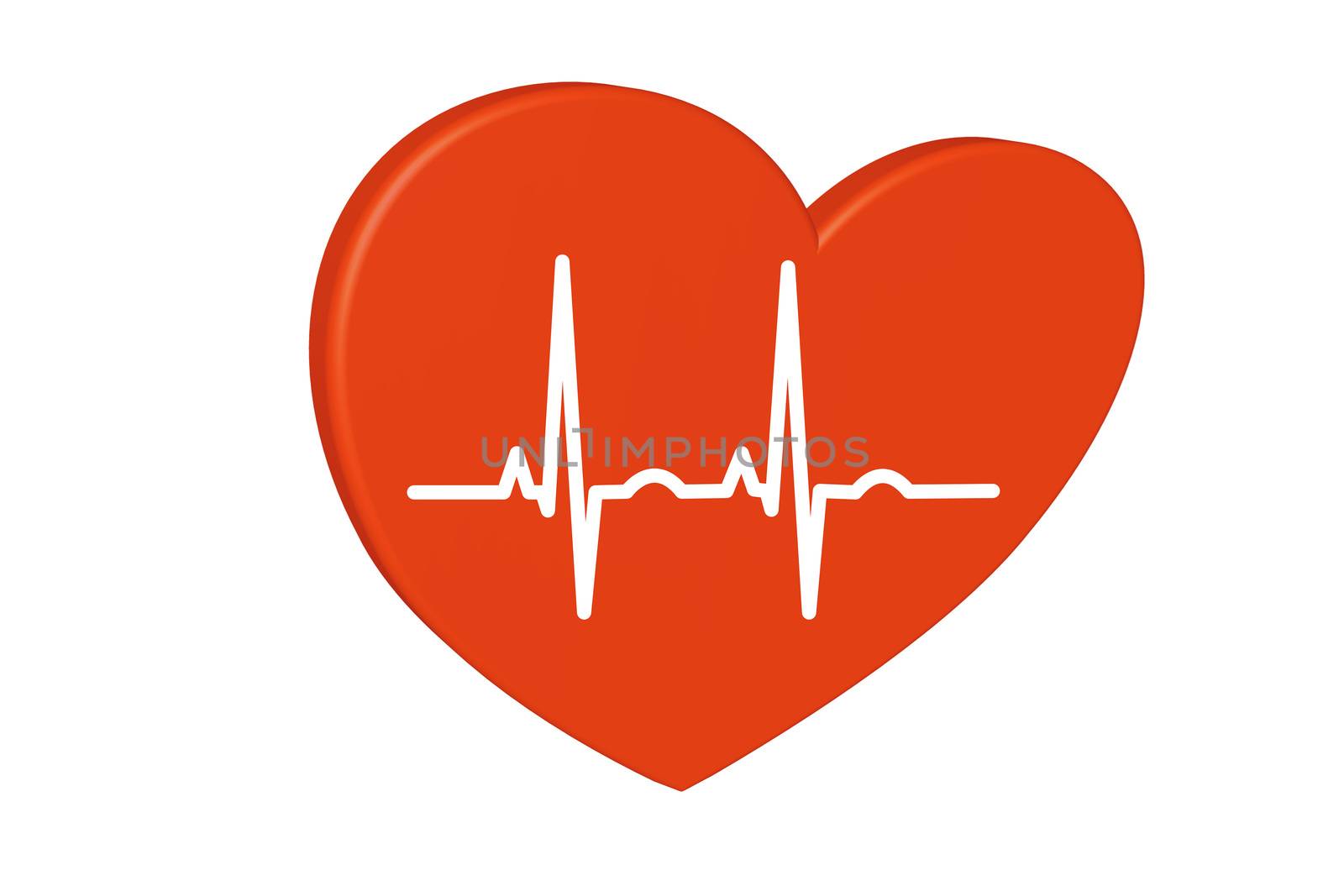 Red heart on a white background. Pulse rate chart. Electrocardiogram. Prevention of heart disease as a 3D rendering.