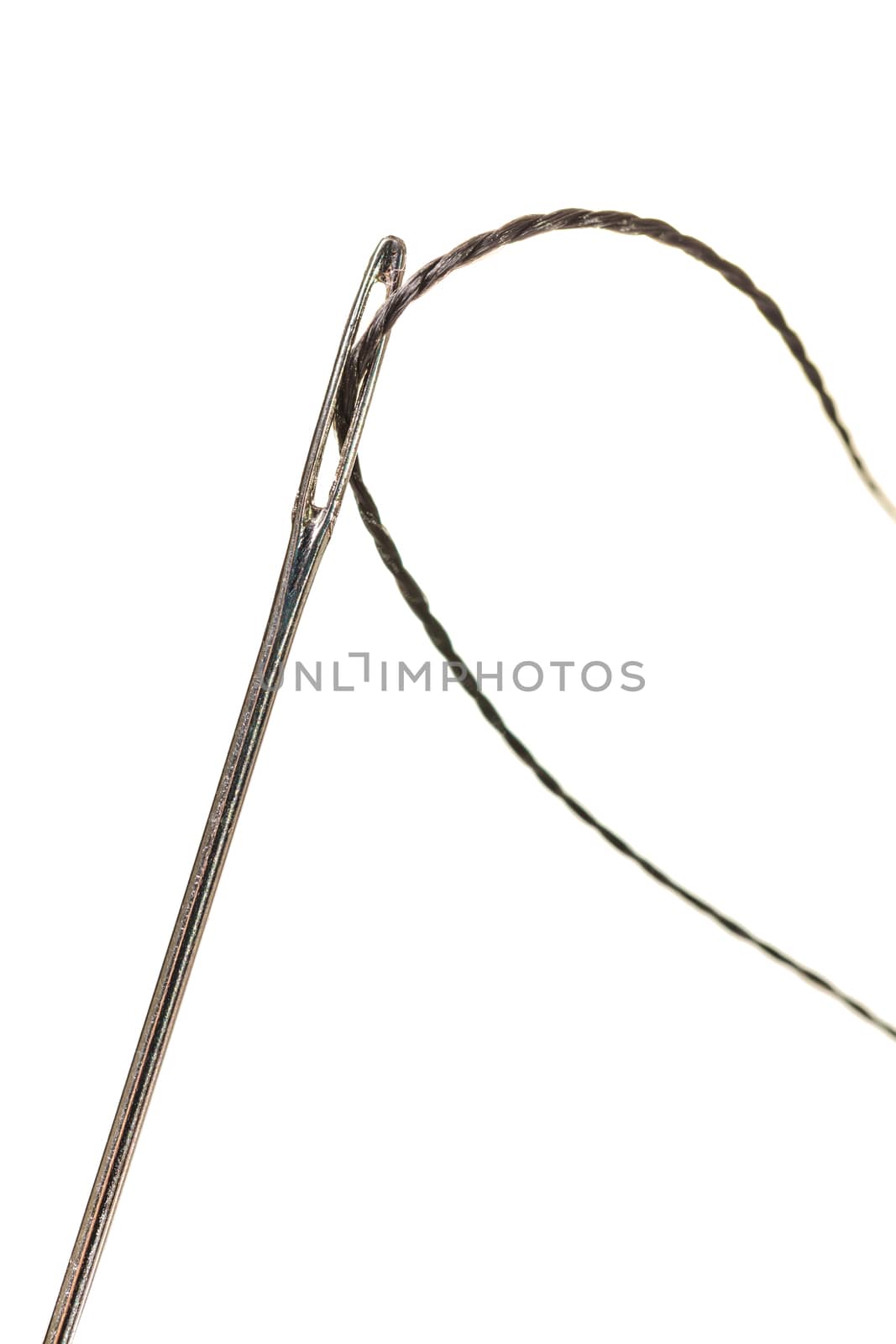 black thread in a needle on a white isolated background