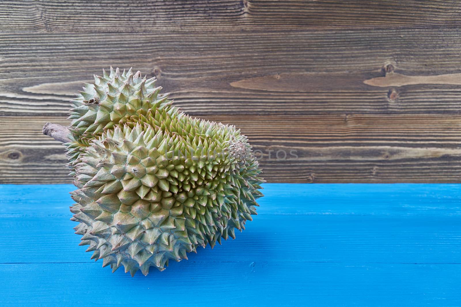 Durio zibethinus on blue sea and brown jane wooden background by eaglesky