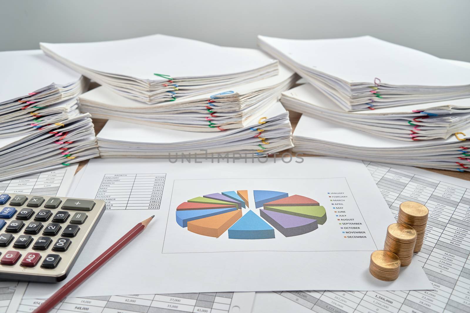 Pencil and pie chart of sale report monthly with step pile of gold coins and calculator have blur overload paperwork on wooden table with white background. Business and finance concept successful.