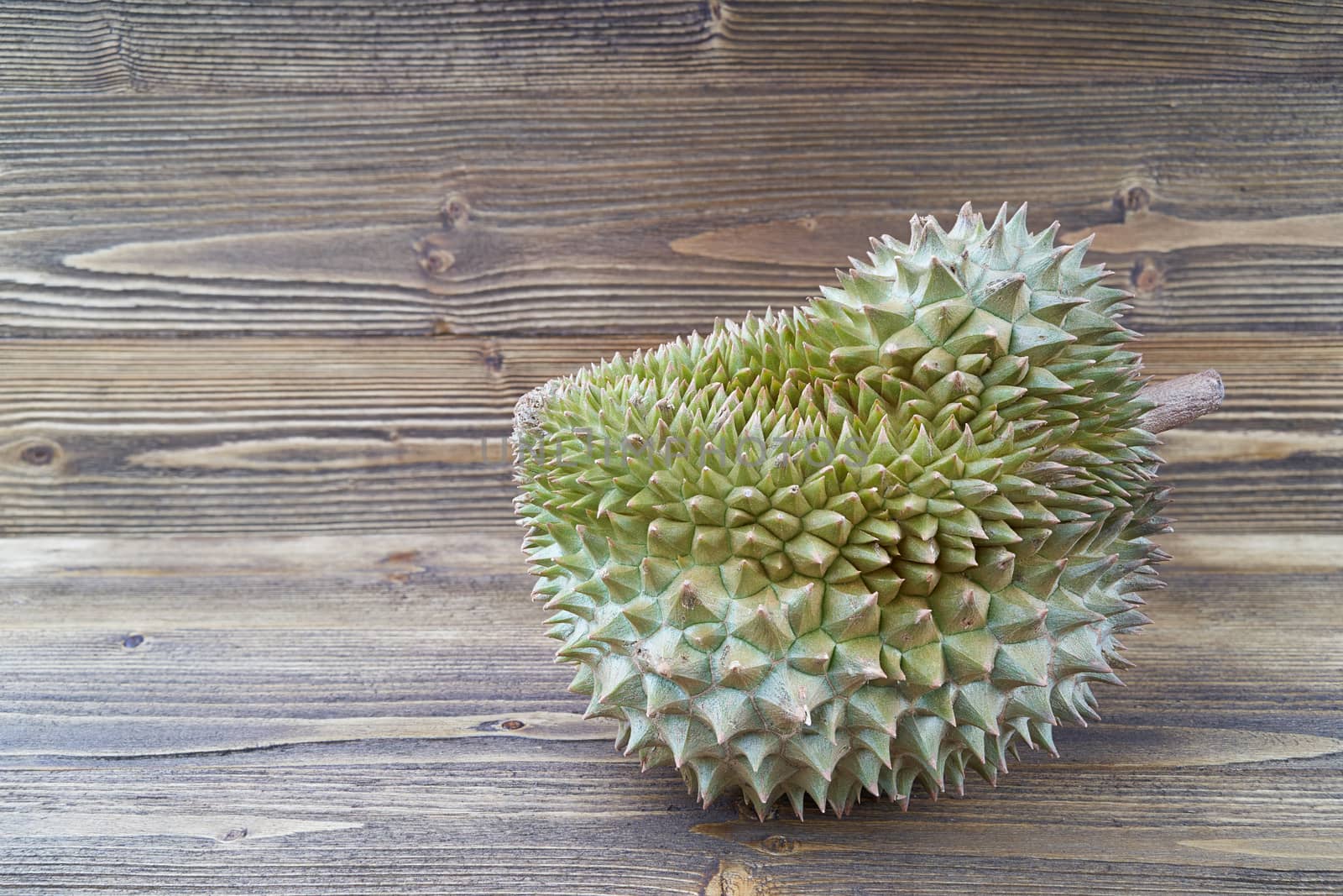 Durio zibethinus or Durian ripe with spikes on brown jane wooden texture background with copy space. Mon thong is King of fruits from Thailand.