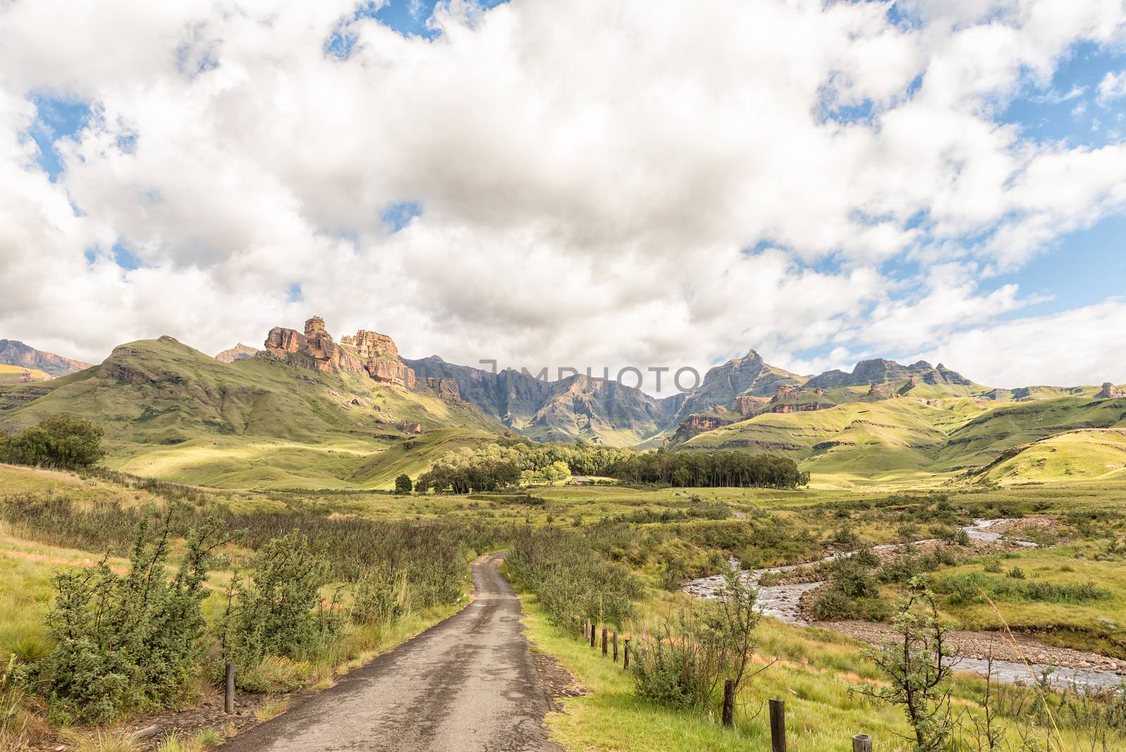 Garden Castle in the Drakensberg near Underberg. Hermits Wood Camp Site is visible between the trees in the back and the Mlambonja River to the right. Rhino Peak (3056m) is visible