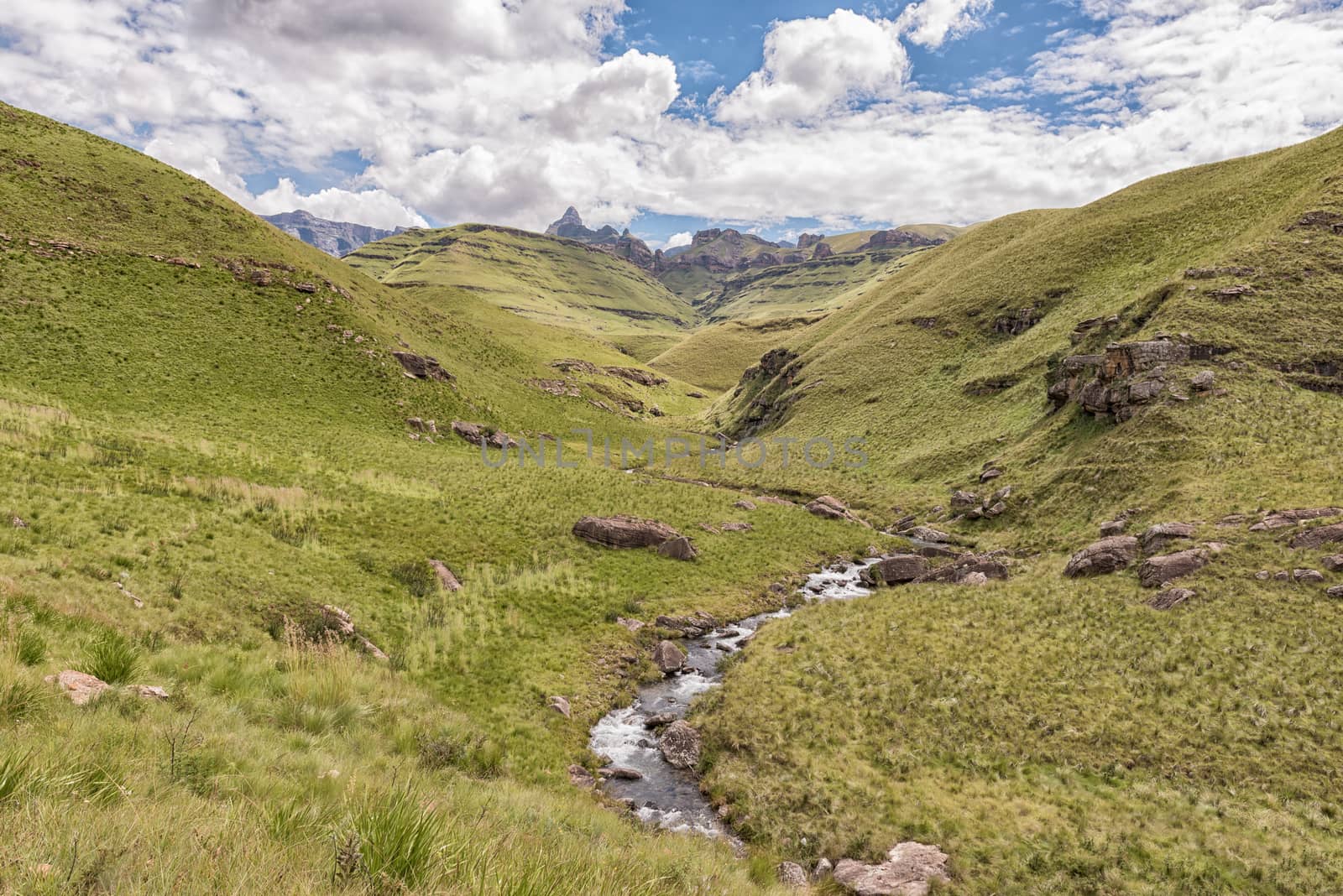 View from the Three Pools hiking trail at Garden Castle in the Drakensberg. Rhino Peak (3056m) is visible in the back