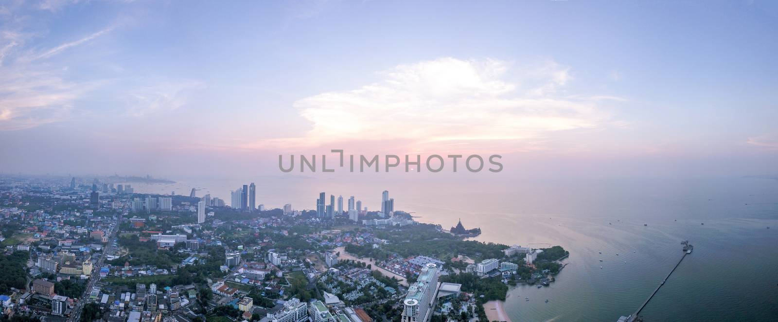 Aerial view of Pattaya city at suset in Chonburi Thailand.