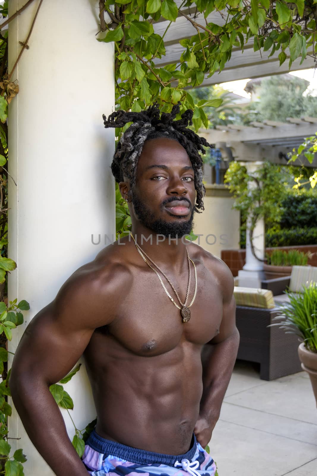 Handsome young muscular African American man posing shirtless outside.