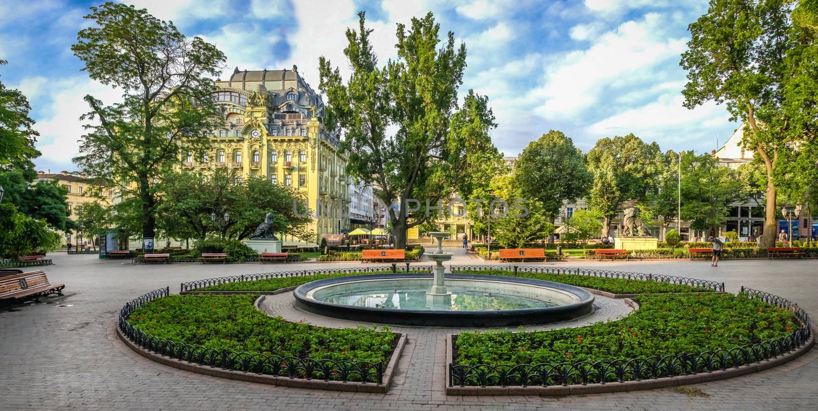 ODESSA, UKRAINE - 05.19.2018. Panoramic view in the Odessa City garden, Ukraine, on a sunny spring morning